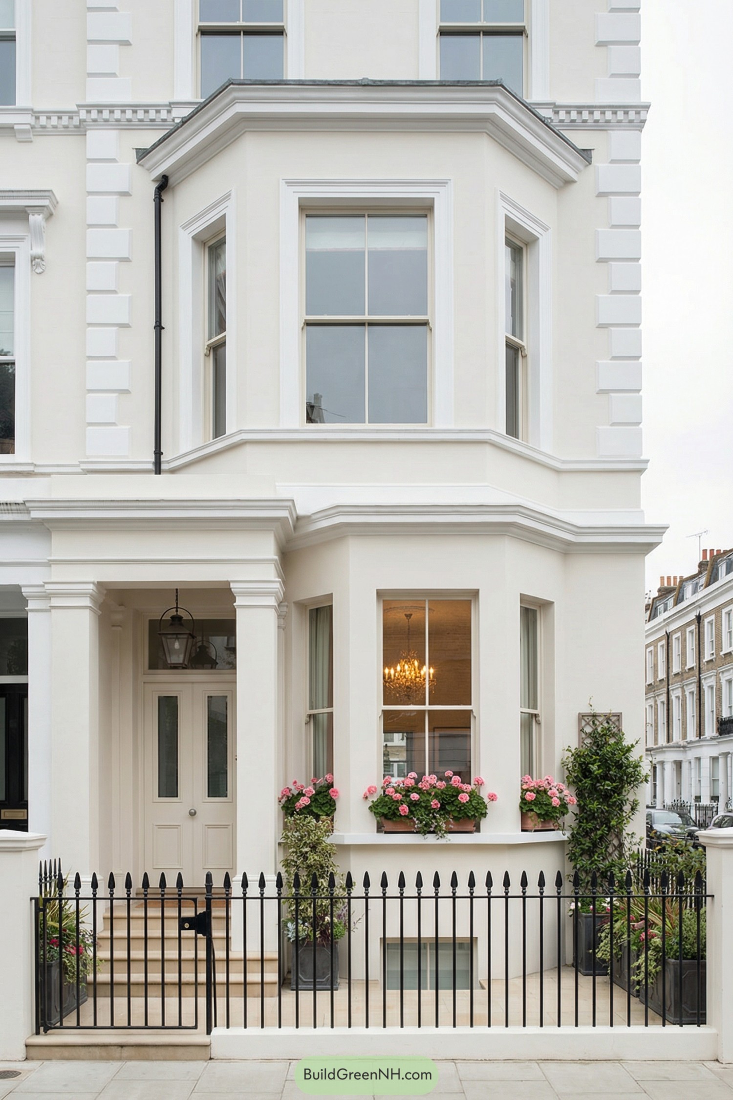 Creamy stucco Edwardian townhouse façade with bay window flowers and black iron railings