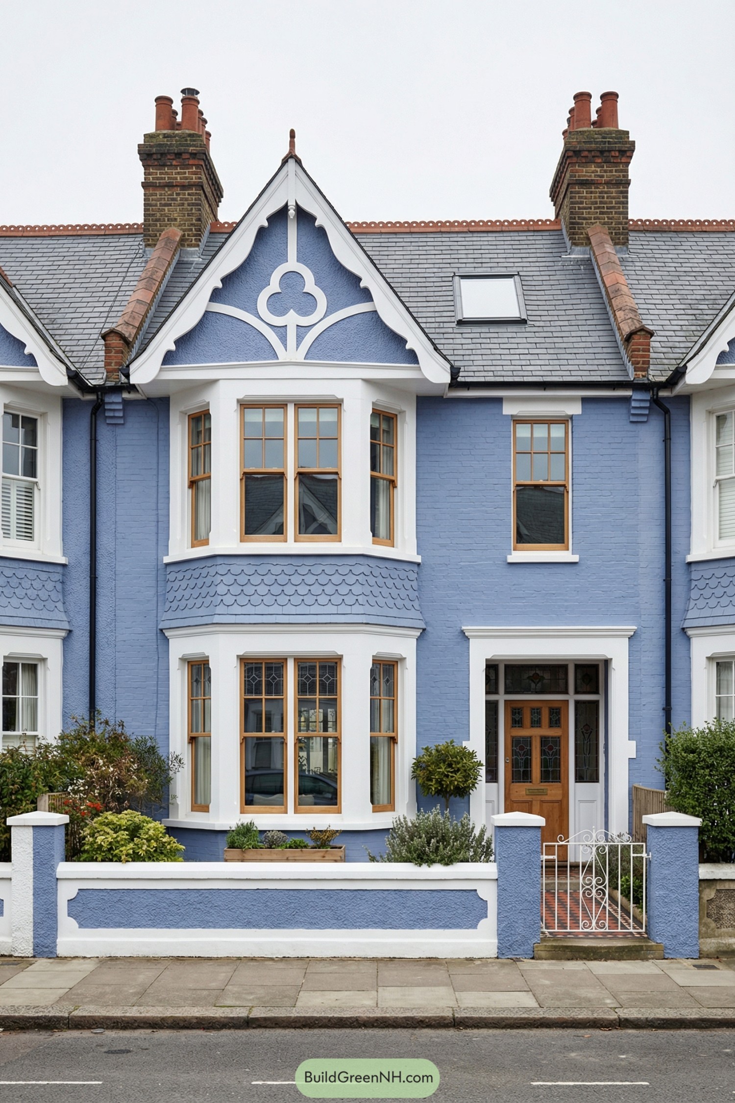 Blue Edwardian townhouse front with ornate gable and bay windows