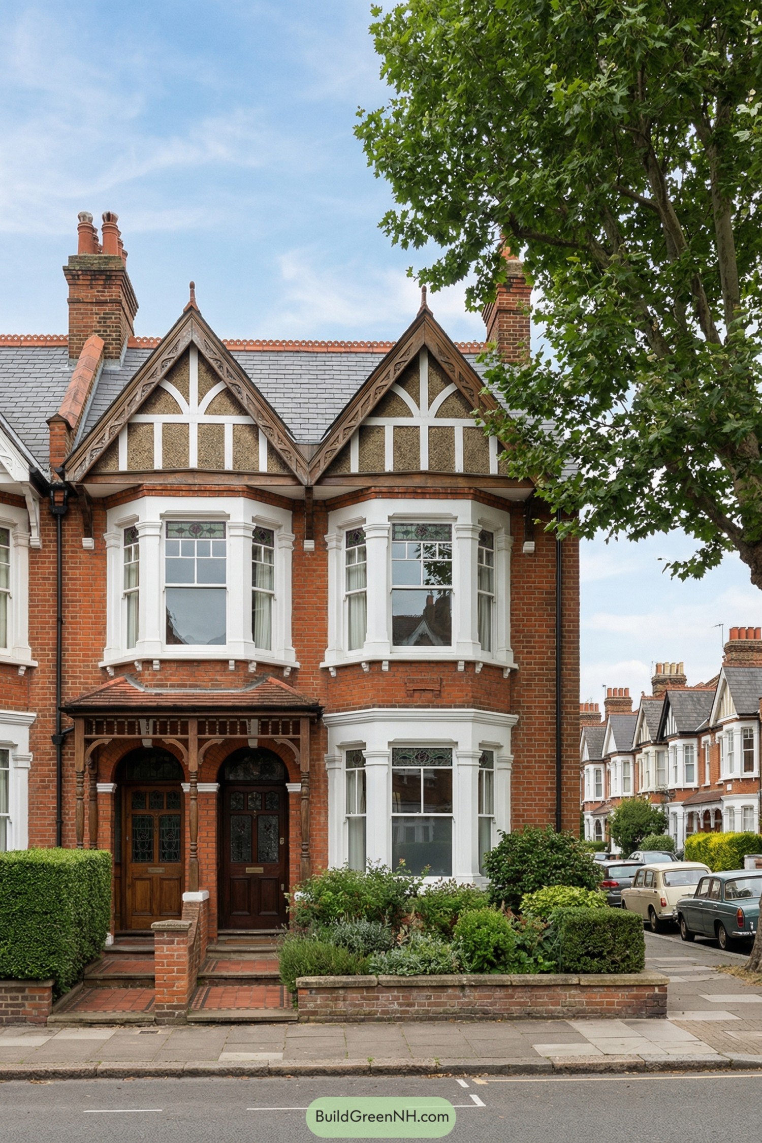 Brick Edwardian semi-detached house with bay windows and decorative gables