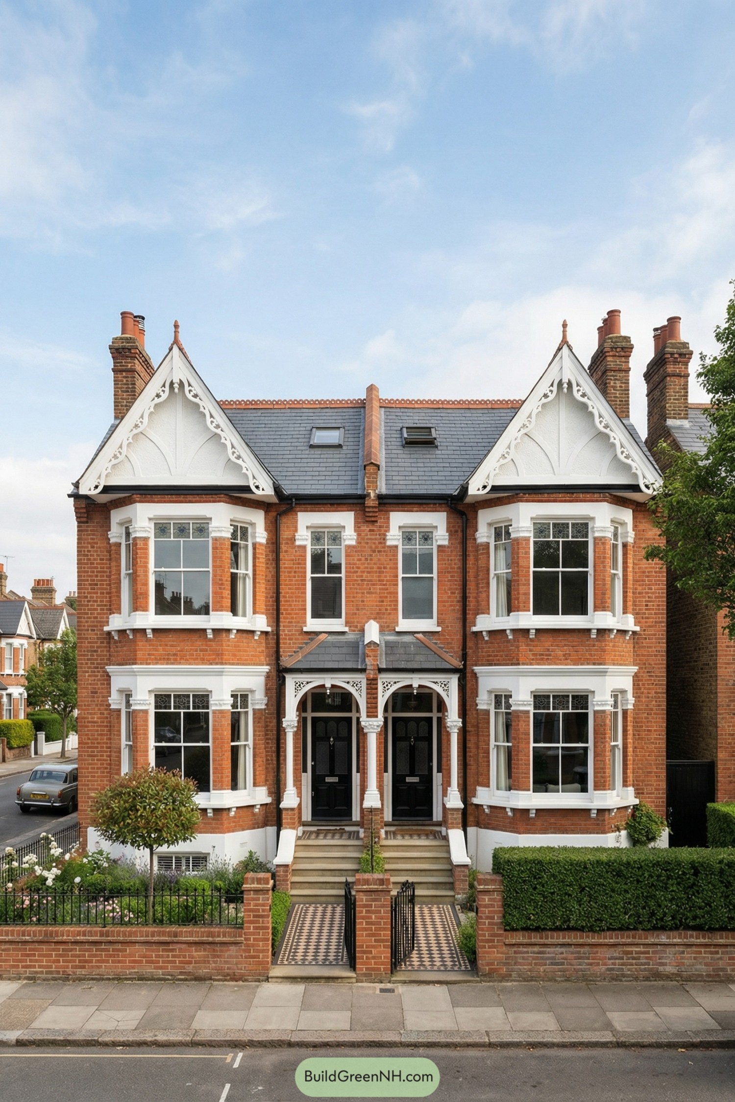 Red brick Edwardian semi detached house with twin bay windows and black front doors
