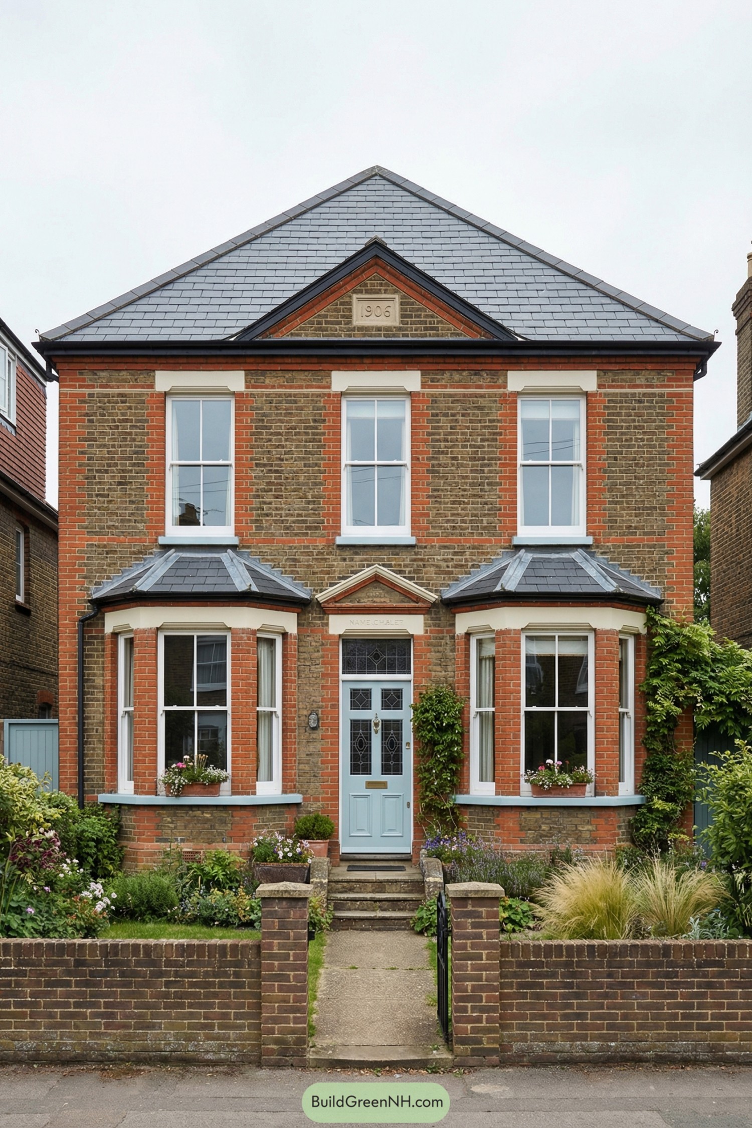 Two story Edwardian brick house with blue door, twin bay windows, and small front garden behind a low brick wall