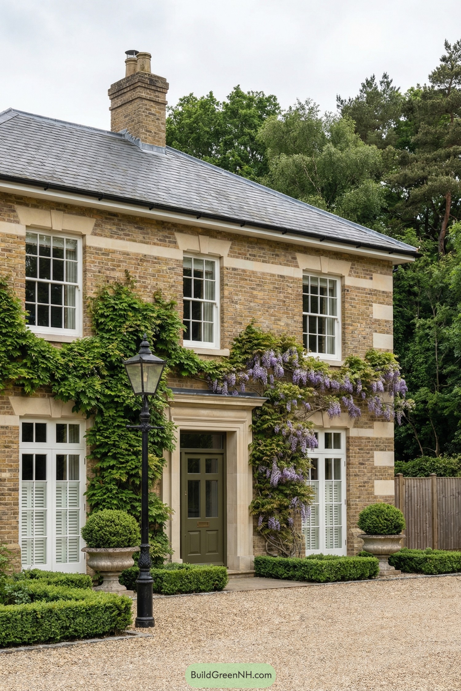 Brick Edwardian house with climbing vines, wisteria, and manicured boxwood along a gravel drive