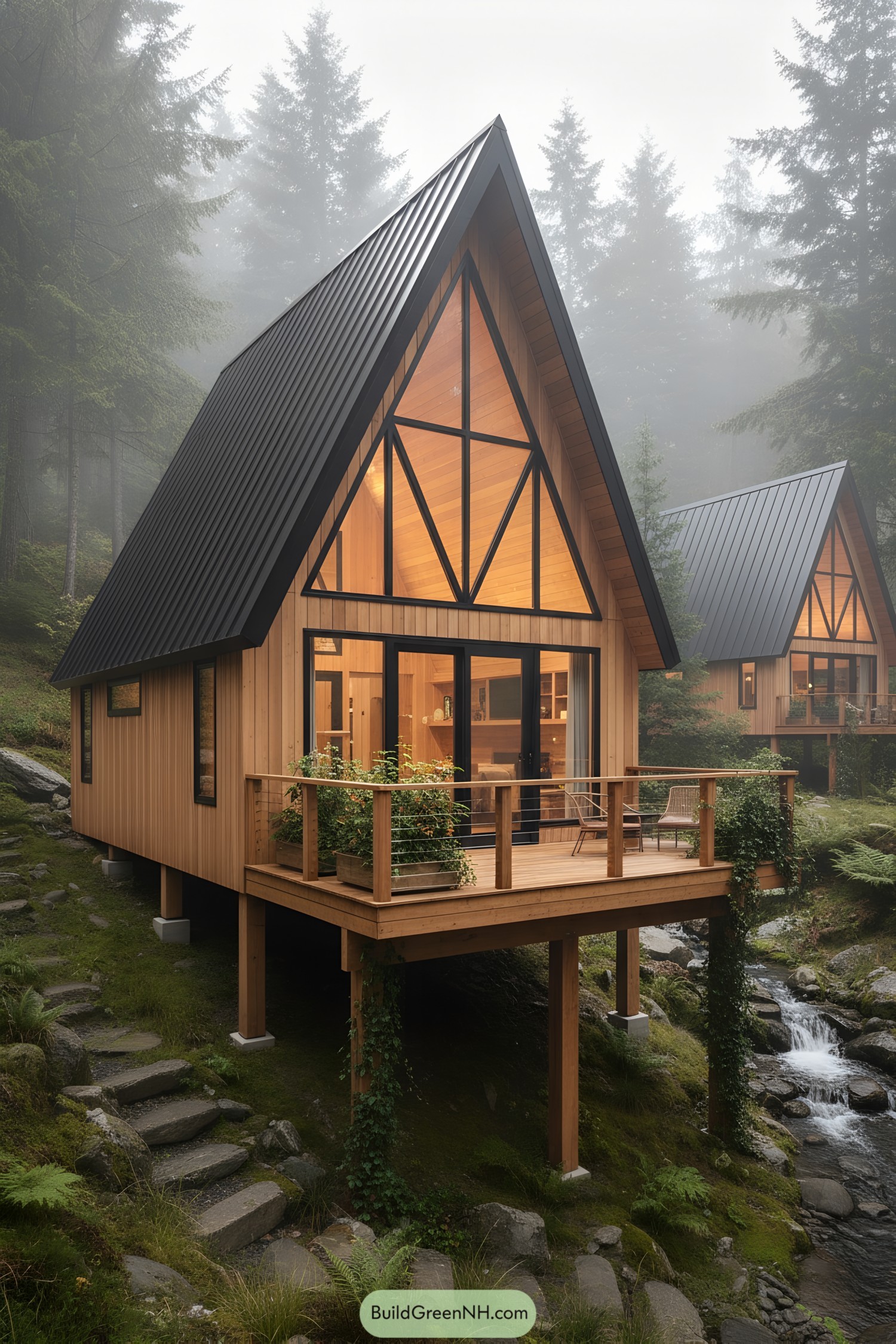 A tall A-frame timber cabin on stilts above a rocky creek, with black metal roof, big glass, and a small deck in a misty forest