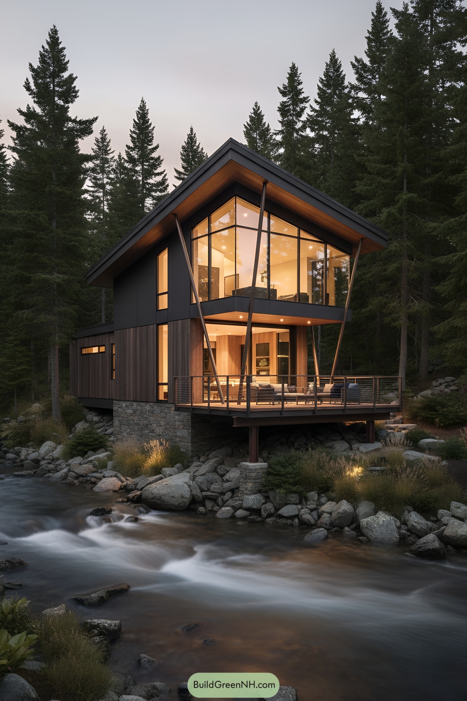 Modern cabin cantilevered over rocky stream at dusk, warm interior glow through large windows