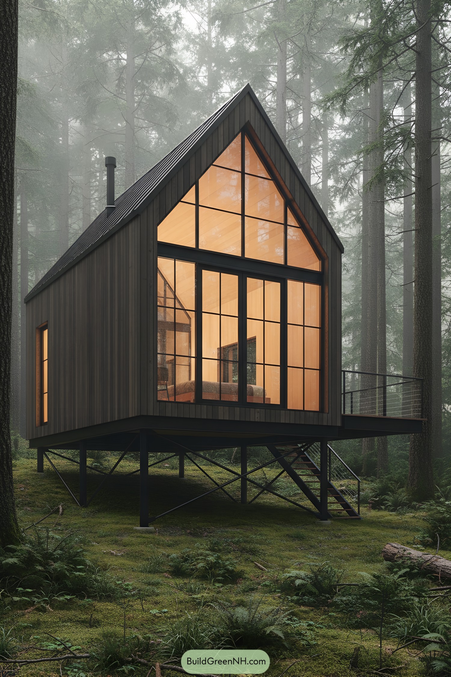 Elevated charcoal-clad cabin with glowing glass gable