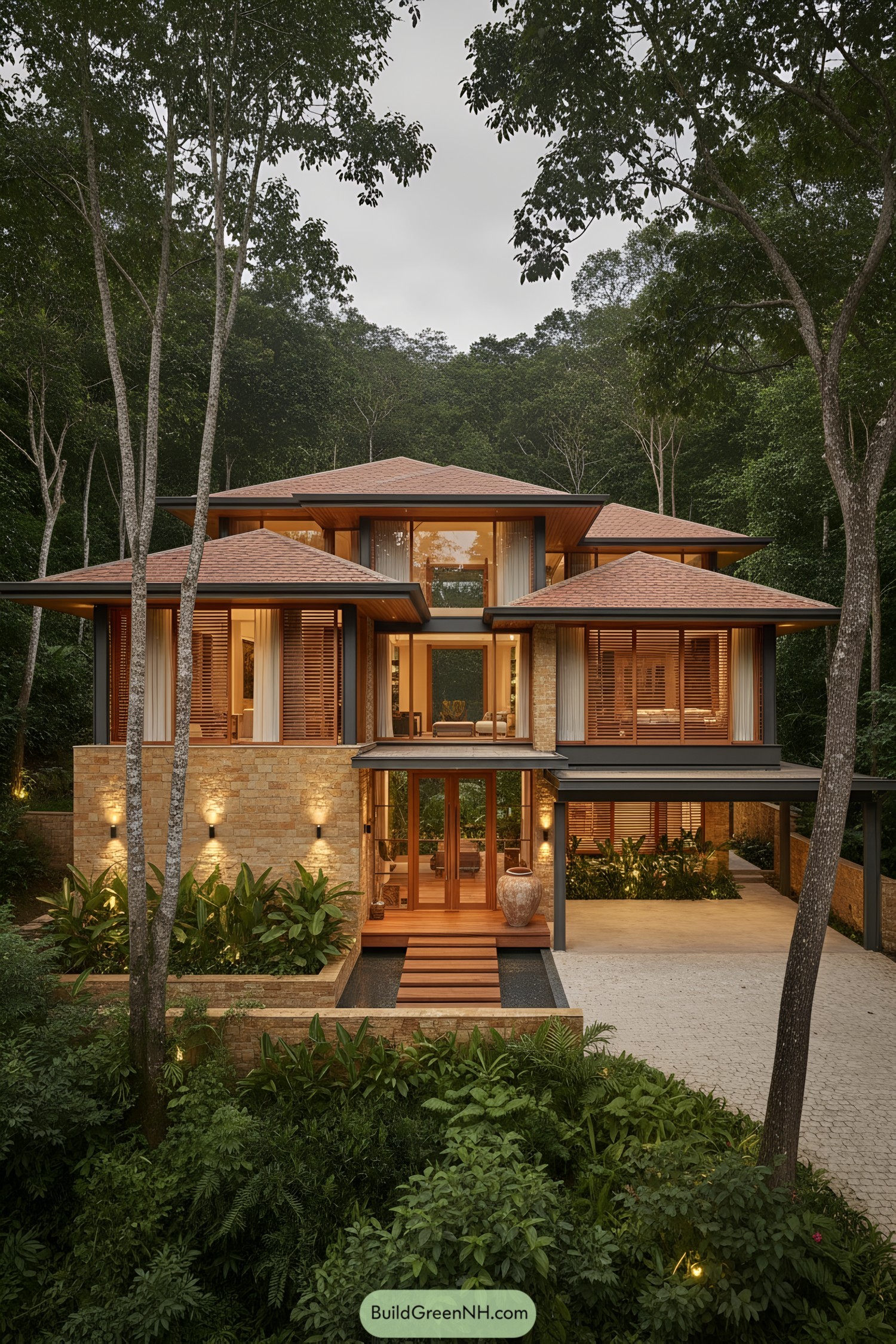 Warm wood and stone forest home with layered hipped roofs and glowing windows