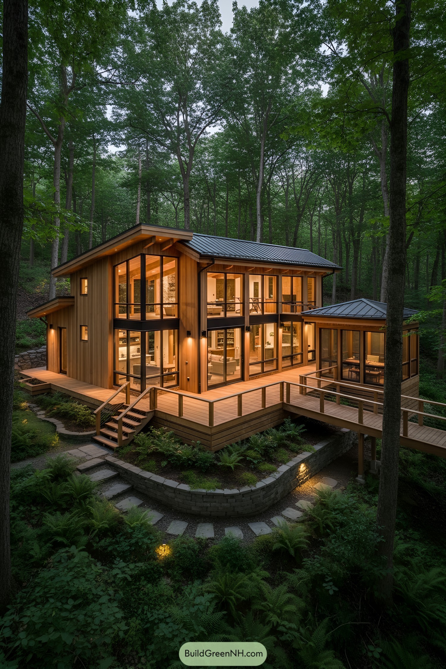 Warm timber home with glowing windows in dense forest