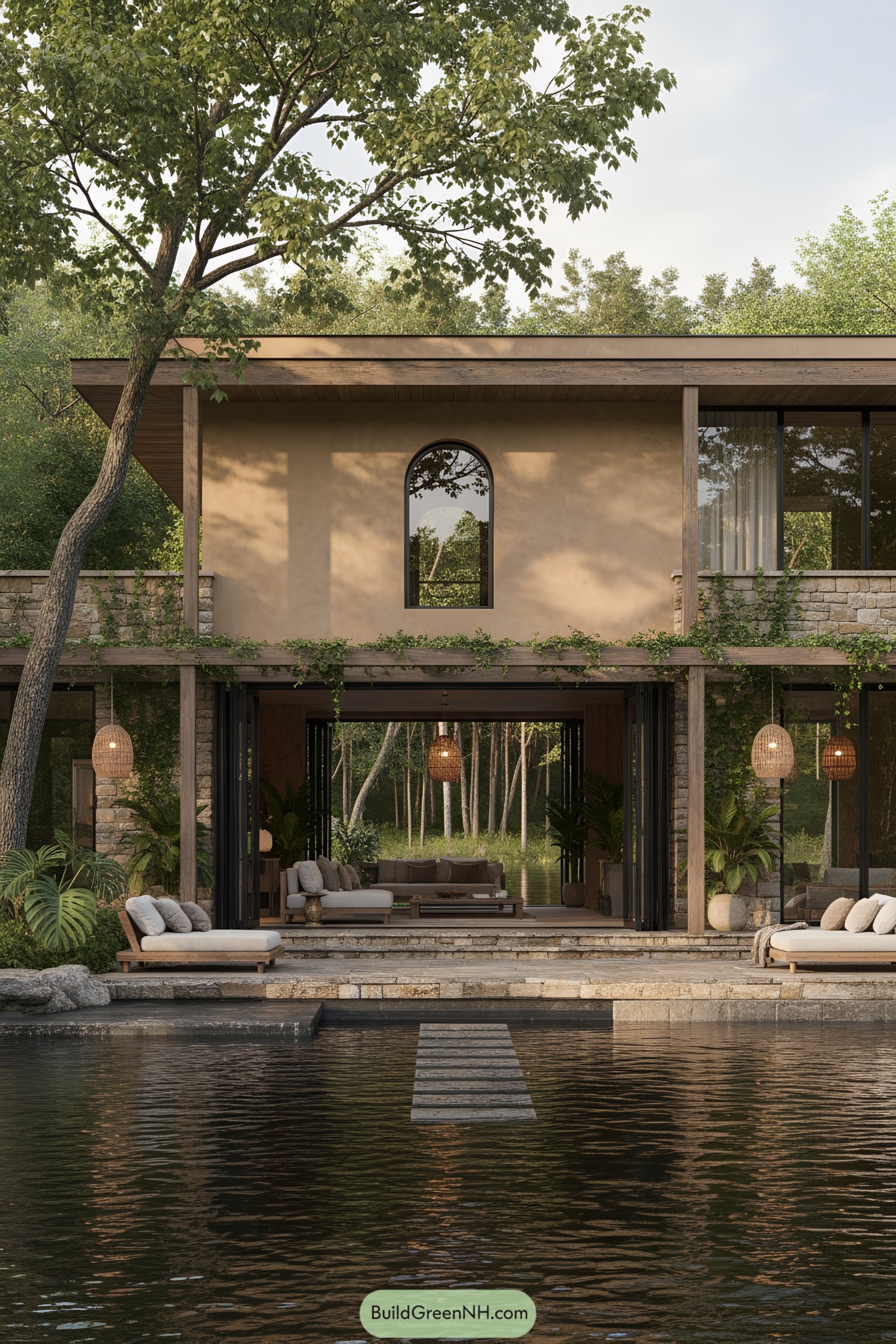 Two-story earth-toned villa with arched window, stone terraces, and open-air lounge facing a calm forest pond