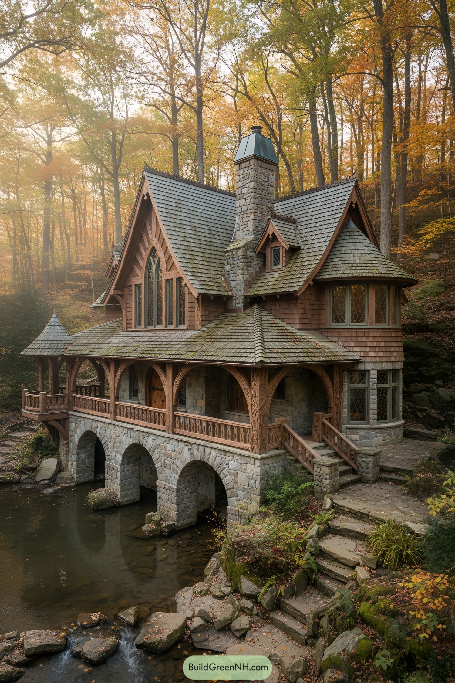 Storybook cottage over arched stone bridge above a woodland stream at autumn