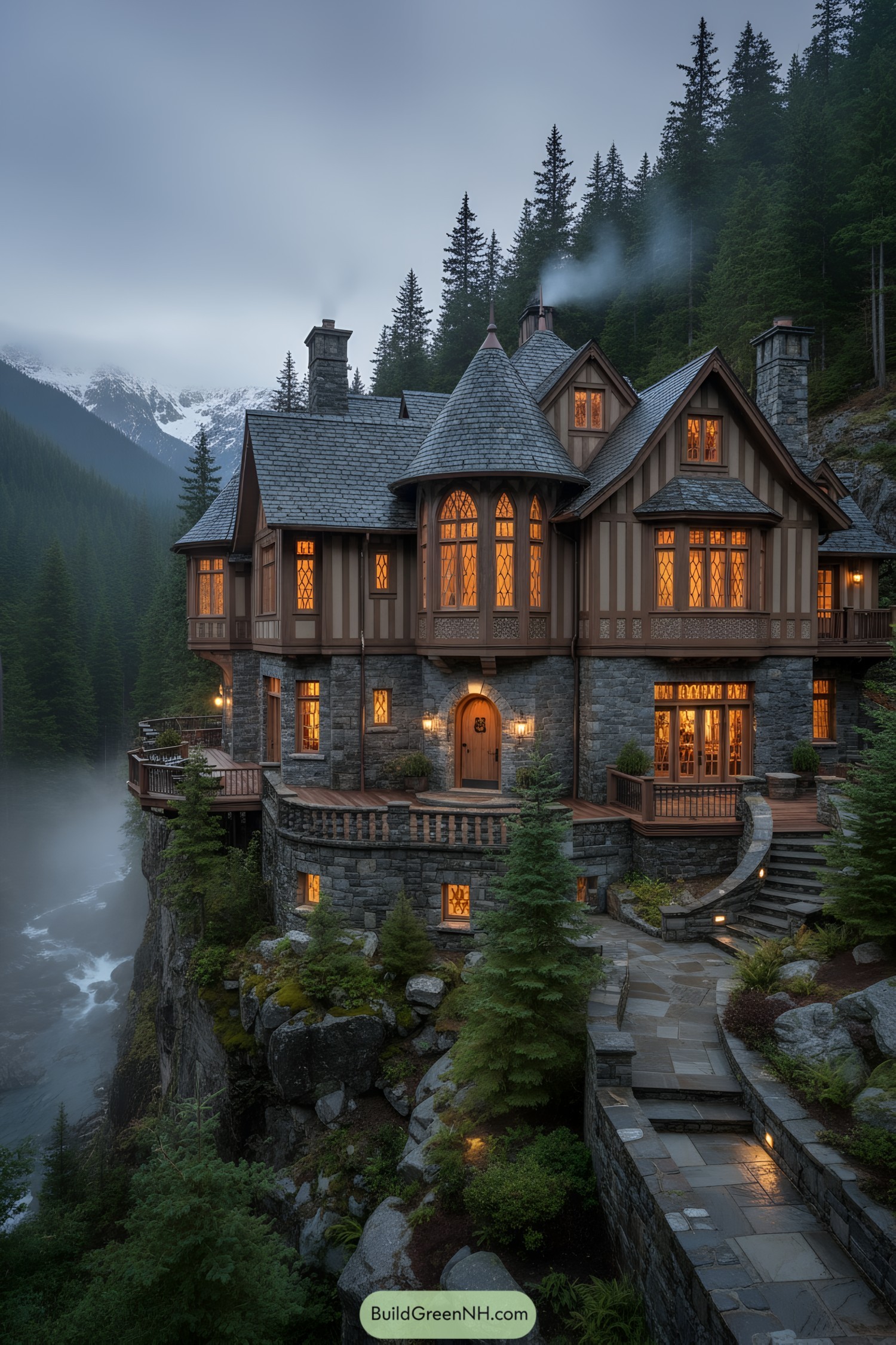Stone-and-timber manor perched on a misty forest cliff with warm glowing windows
