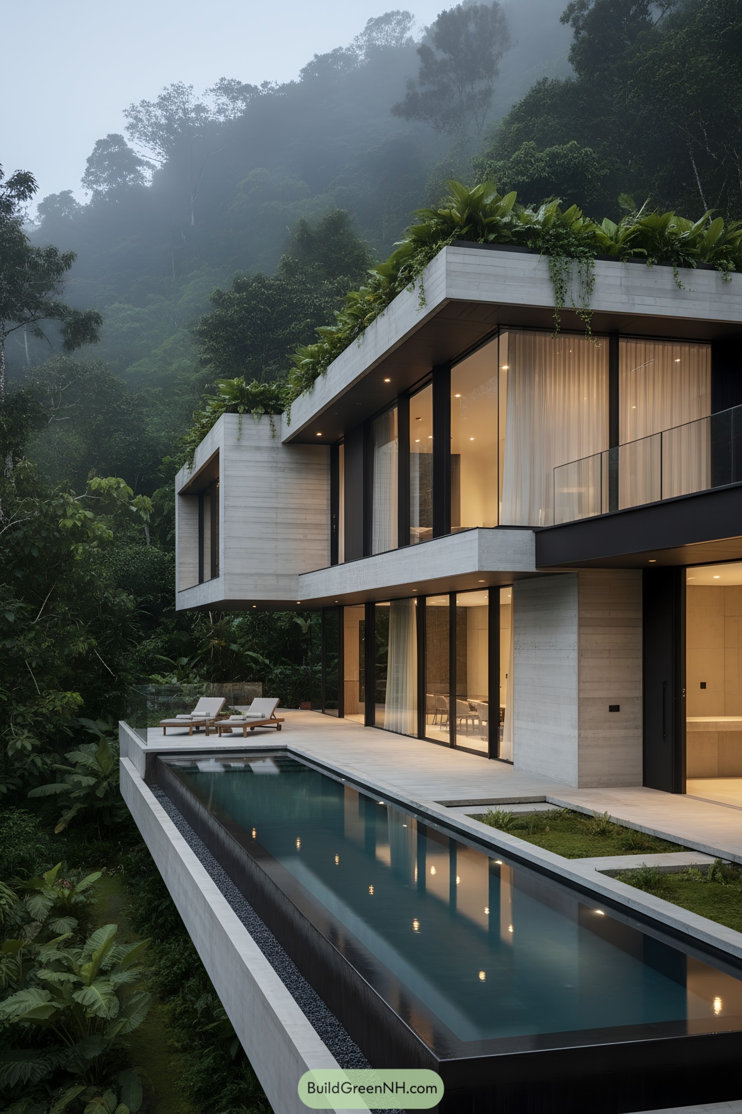 Concrete terrace home with cantilevered lap pool in misty forest