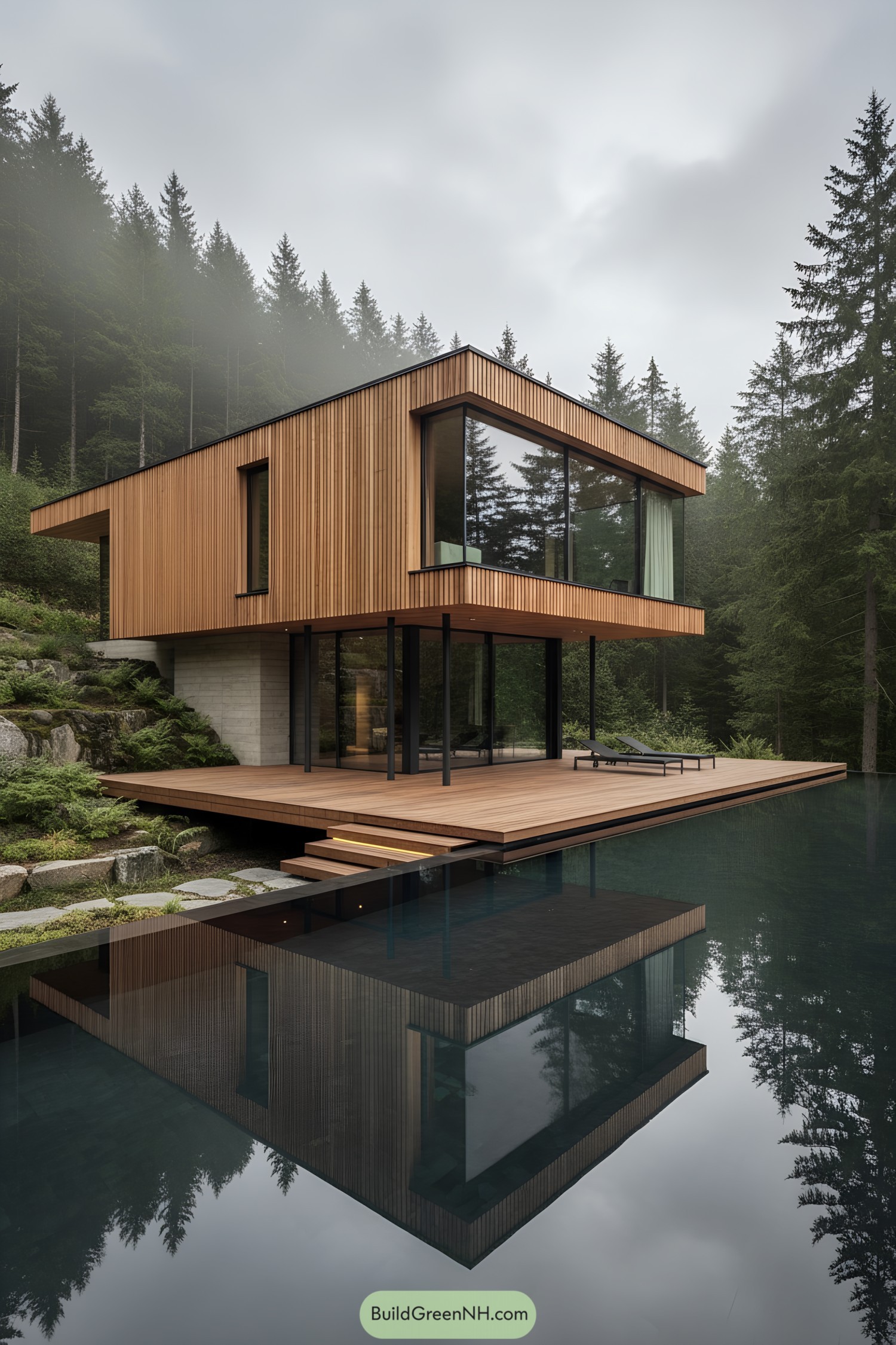Modern wood-clad house cantilevered over water