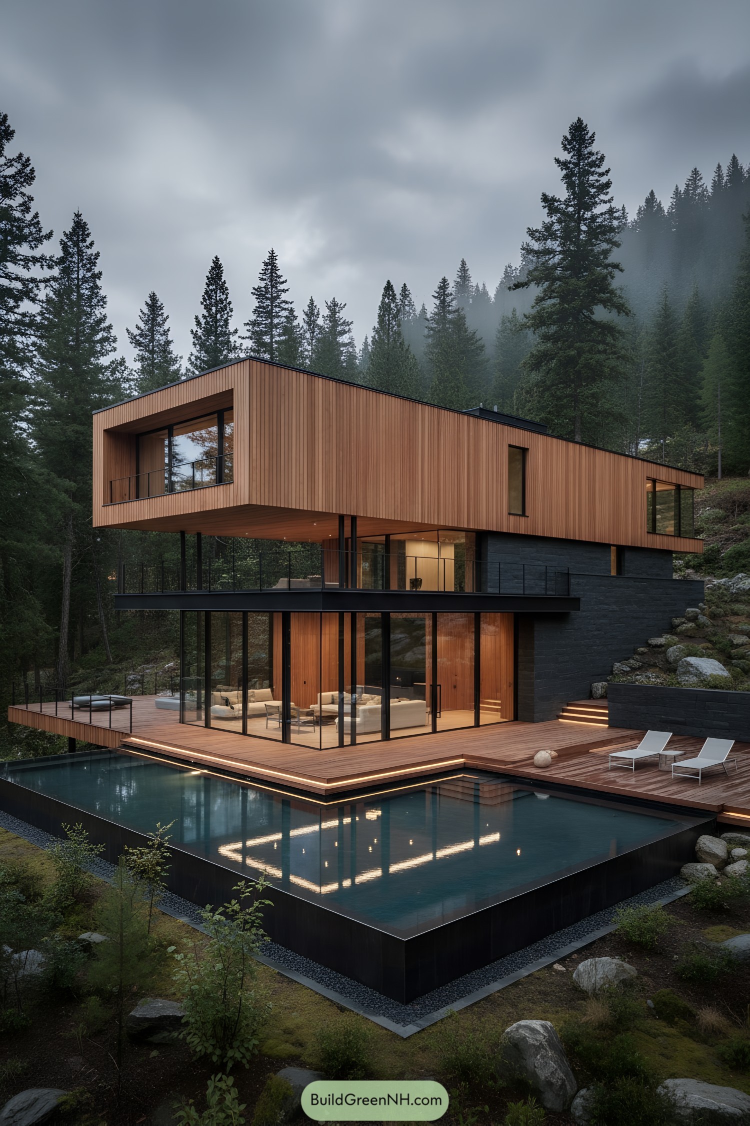 Modern timber-clad forest villa with cantilevered upper level above glass walls and a reflecting pool