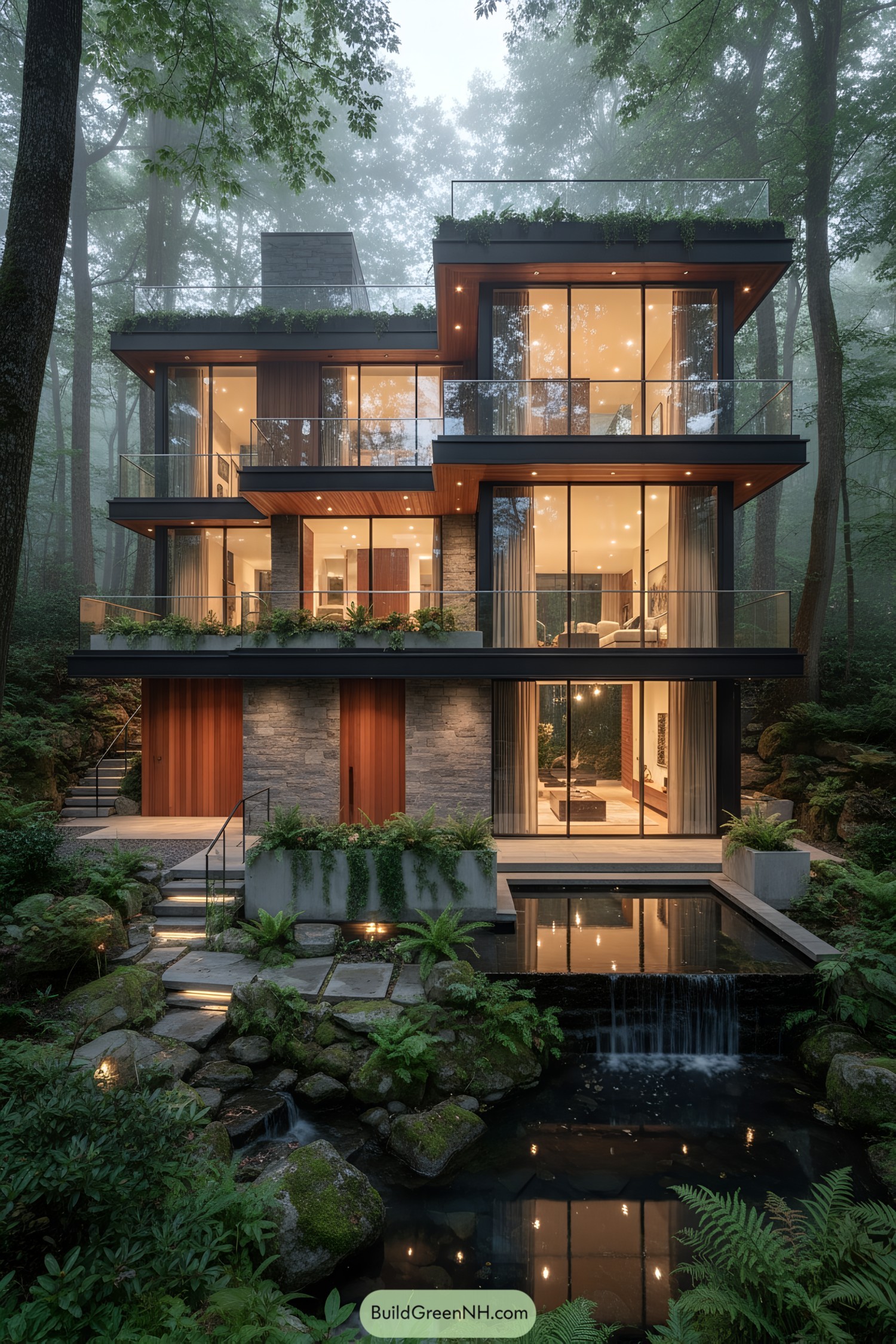 Modern forest house with glass walls and tiered decks beside a reflecting pool and stream