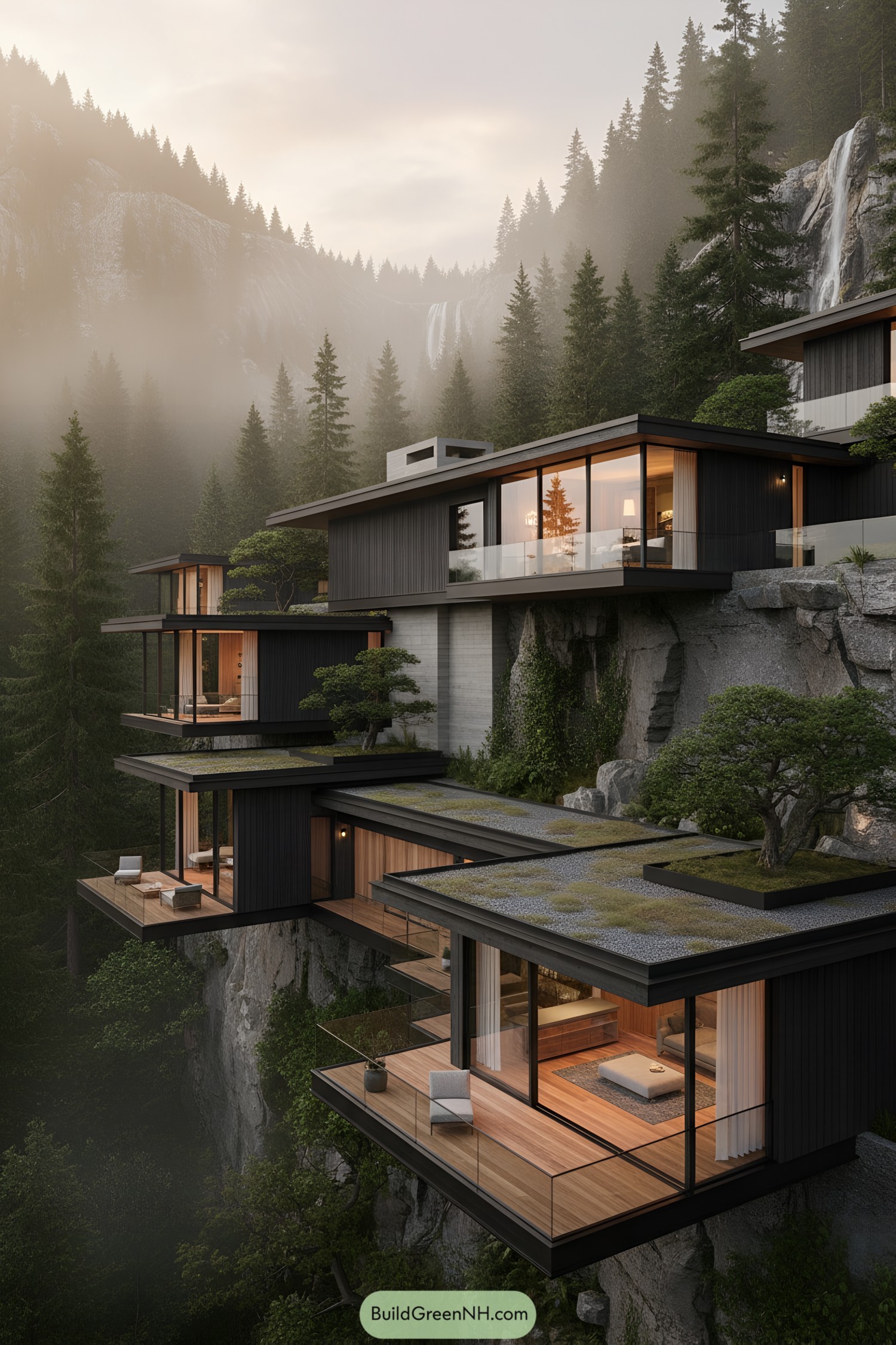 Modern terraces on a forested cliff