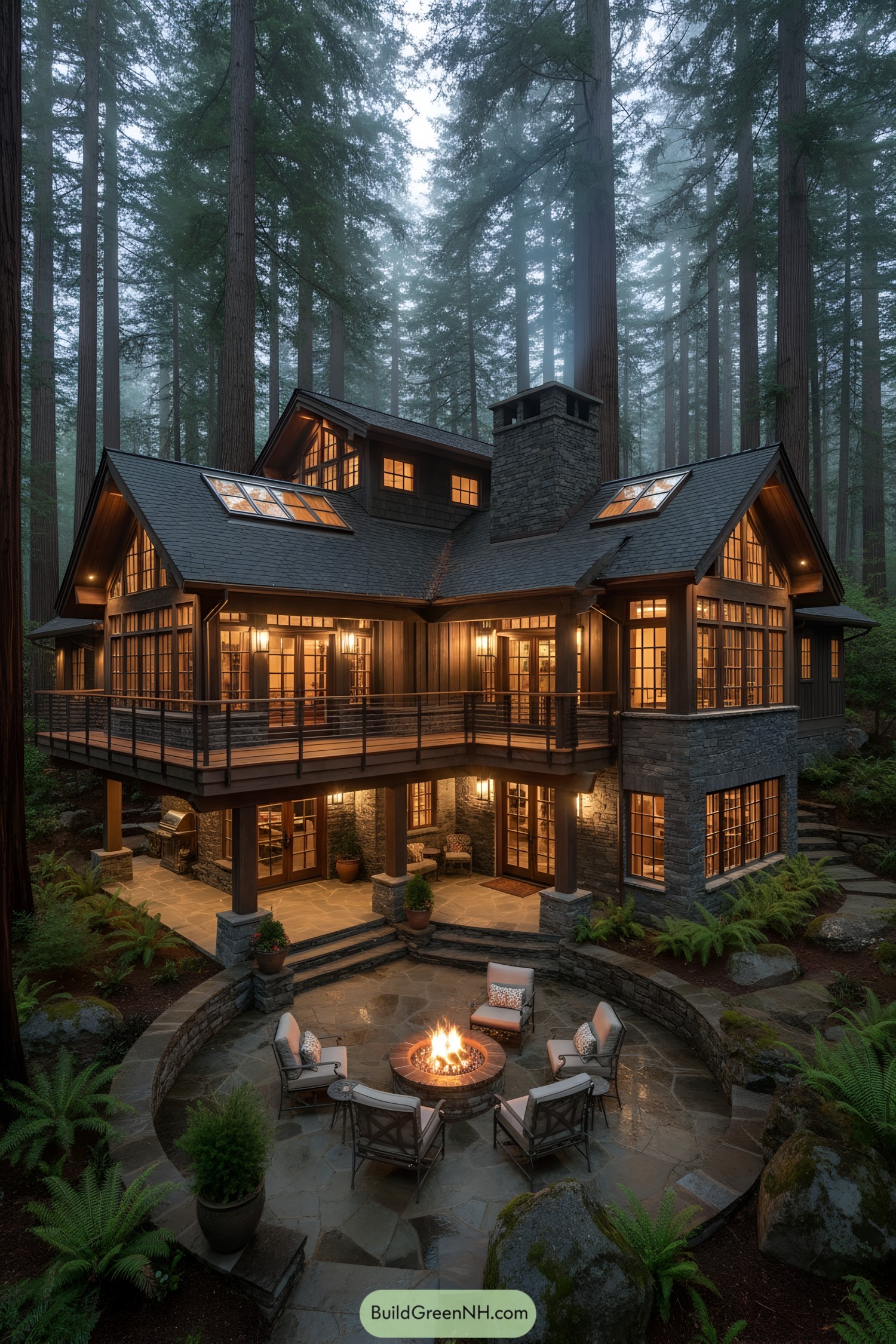 Warm-lit timber and stone lodge with elevated deck and circular fire pit patio among tall redwoods