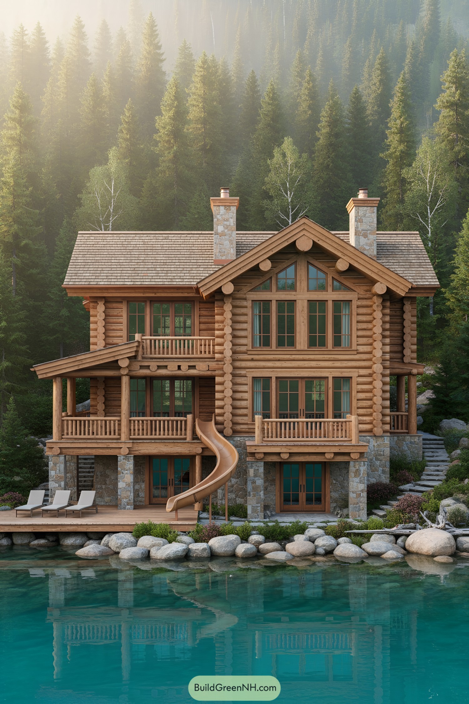 Rustic log lakeside house with slide