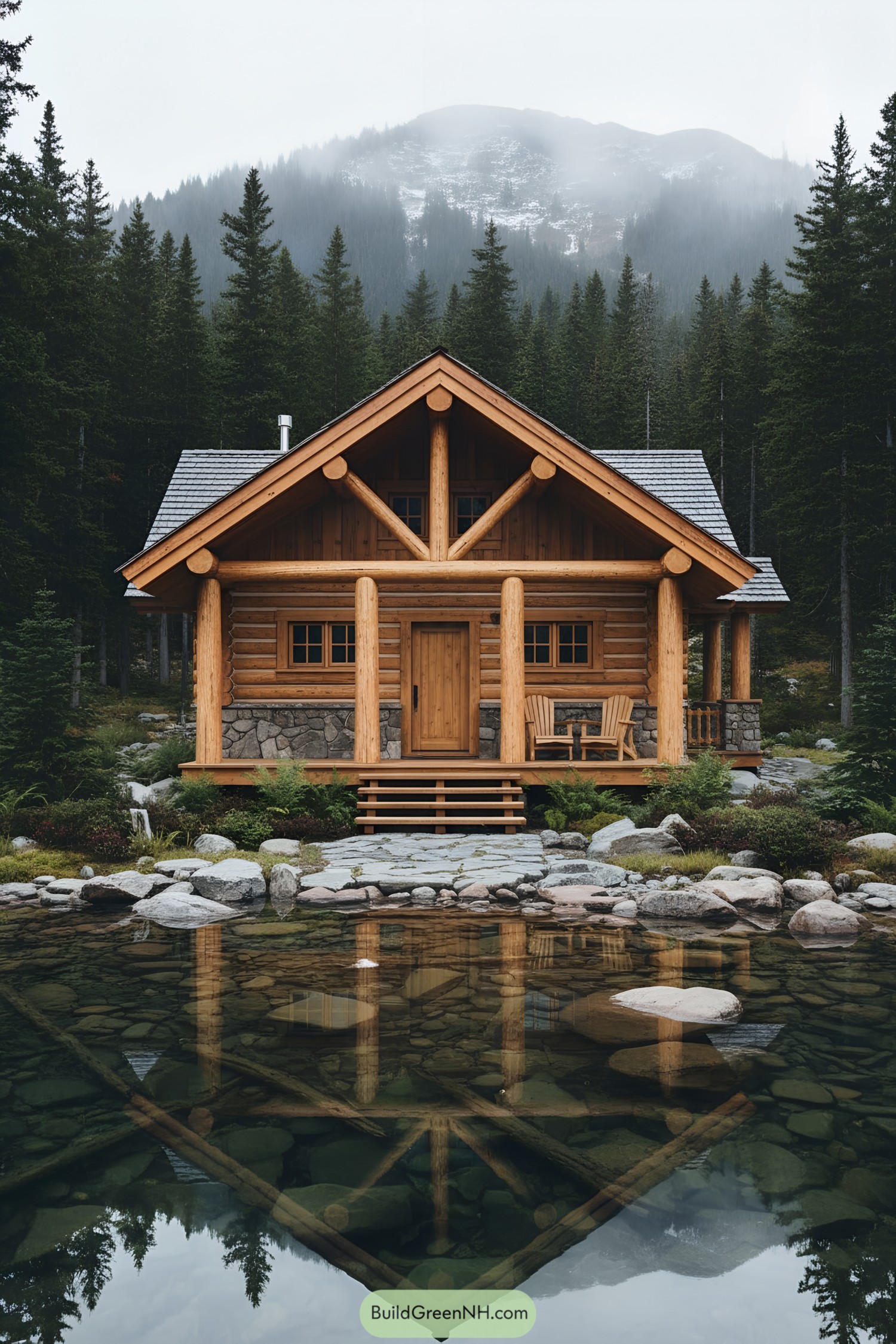 Cozy log cabin reflected in a calm pond