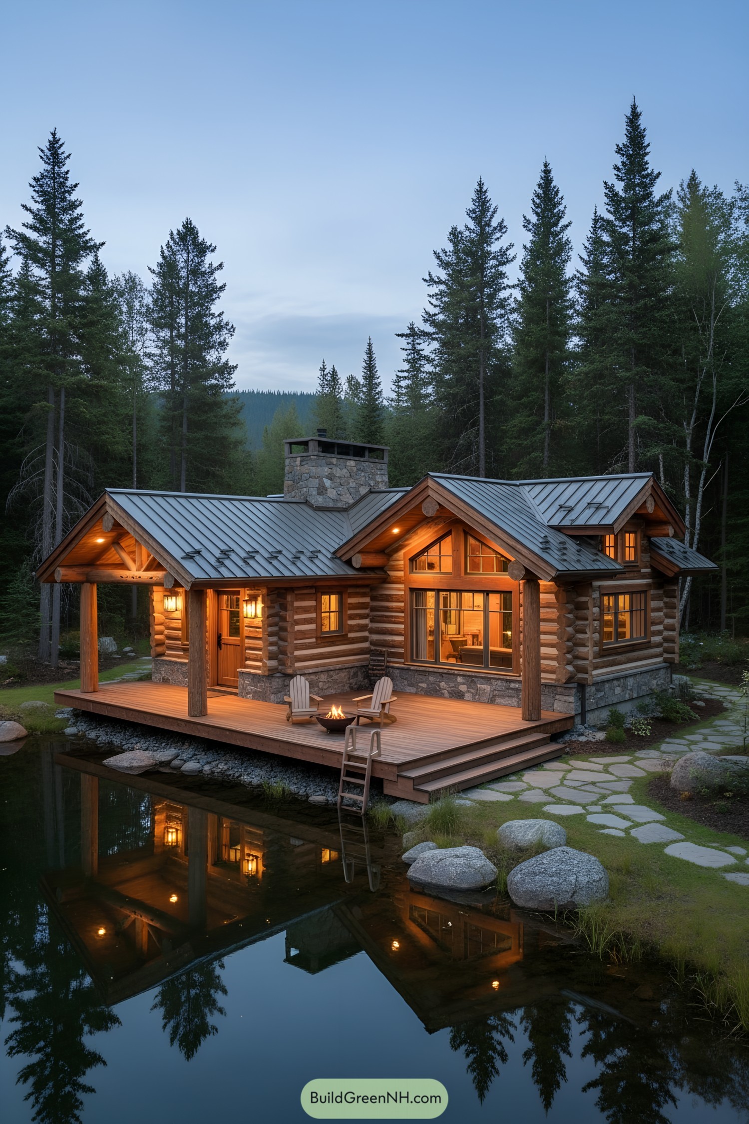 Cozy log cabin with deck by pond