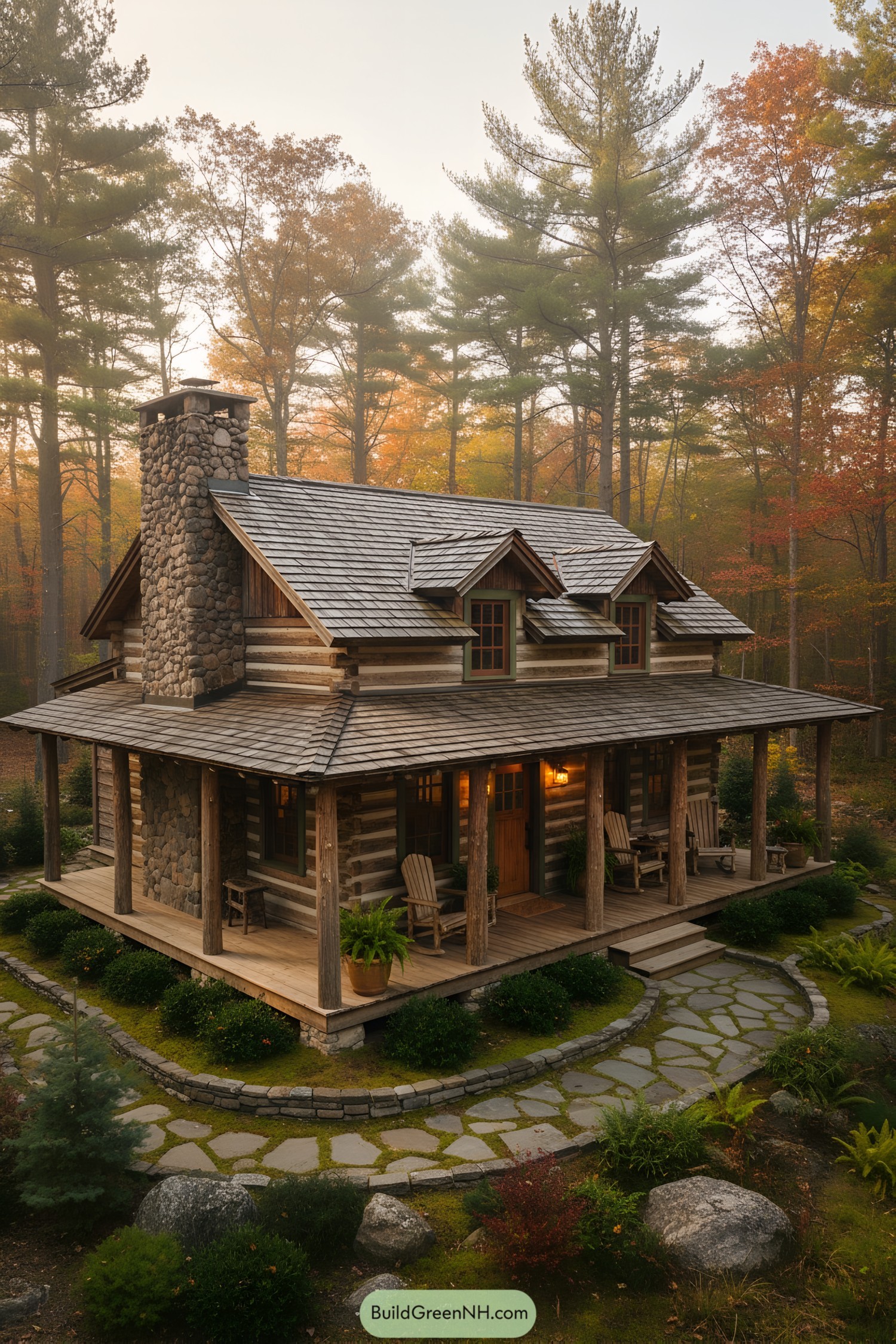 Log cabin with wraparound porch and stone chimney amid autumn pines
