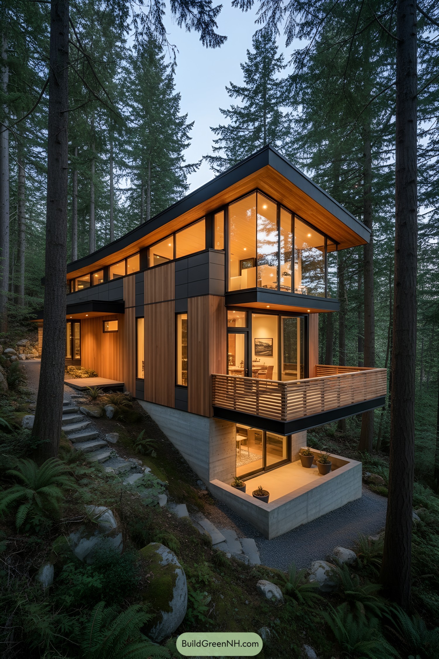 Modern forest house with warm wood siding and expansive glass, perched on a slope with glowing interiors