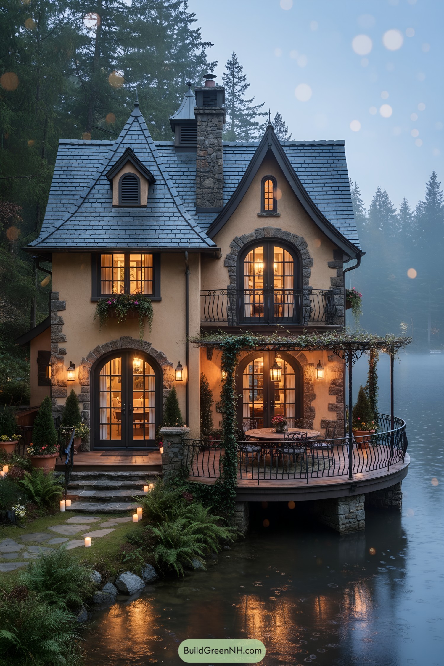 Cozy stone-and-stucco cottage by misty lake at dusk