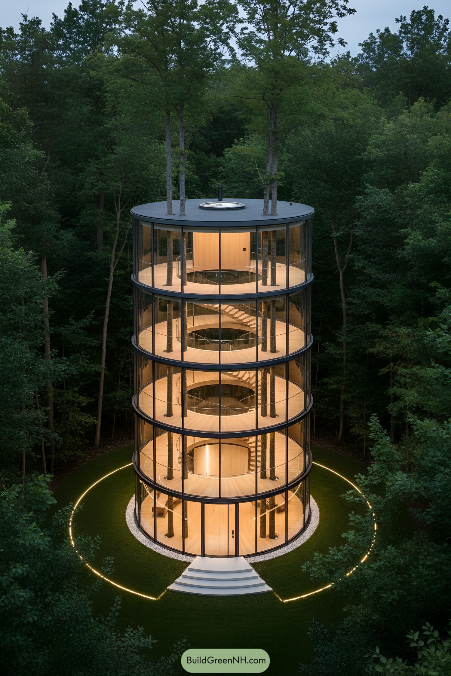 Round glass forest tower with glowing spiral floors