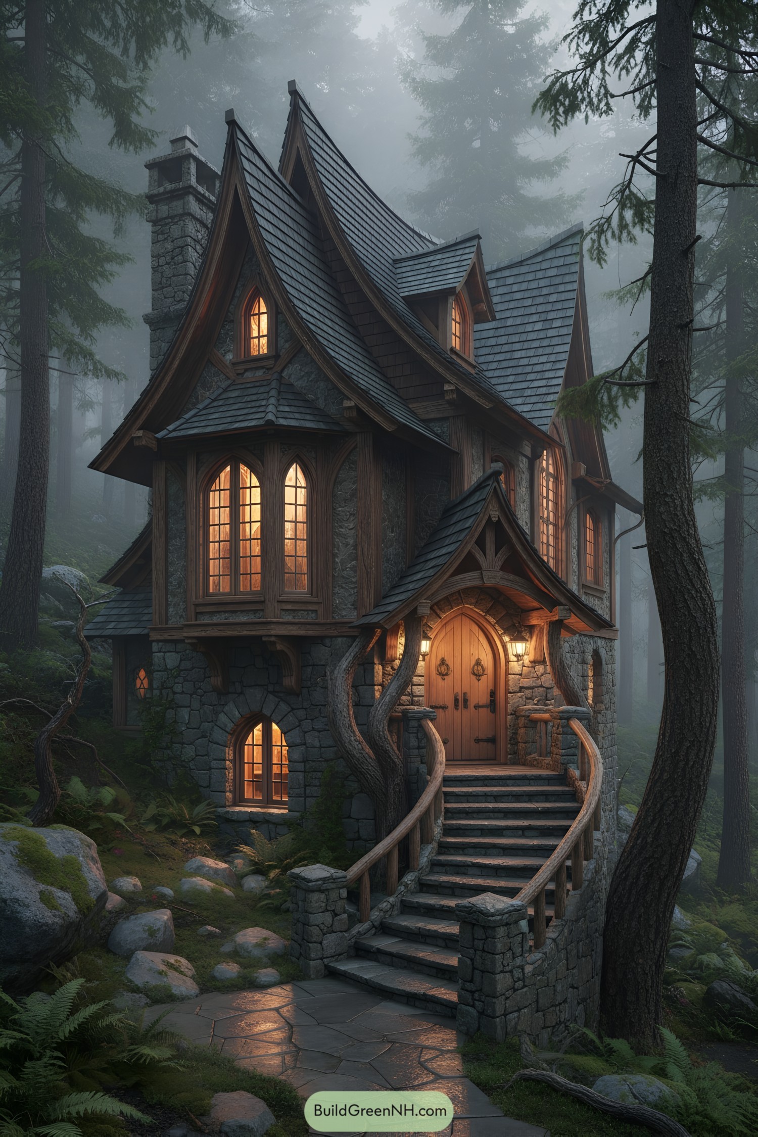 Stone-and-timber cottage with arched windows and curved rooflines in a misty forest