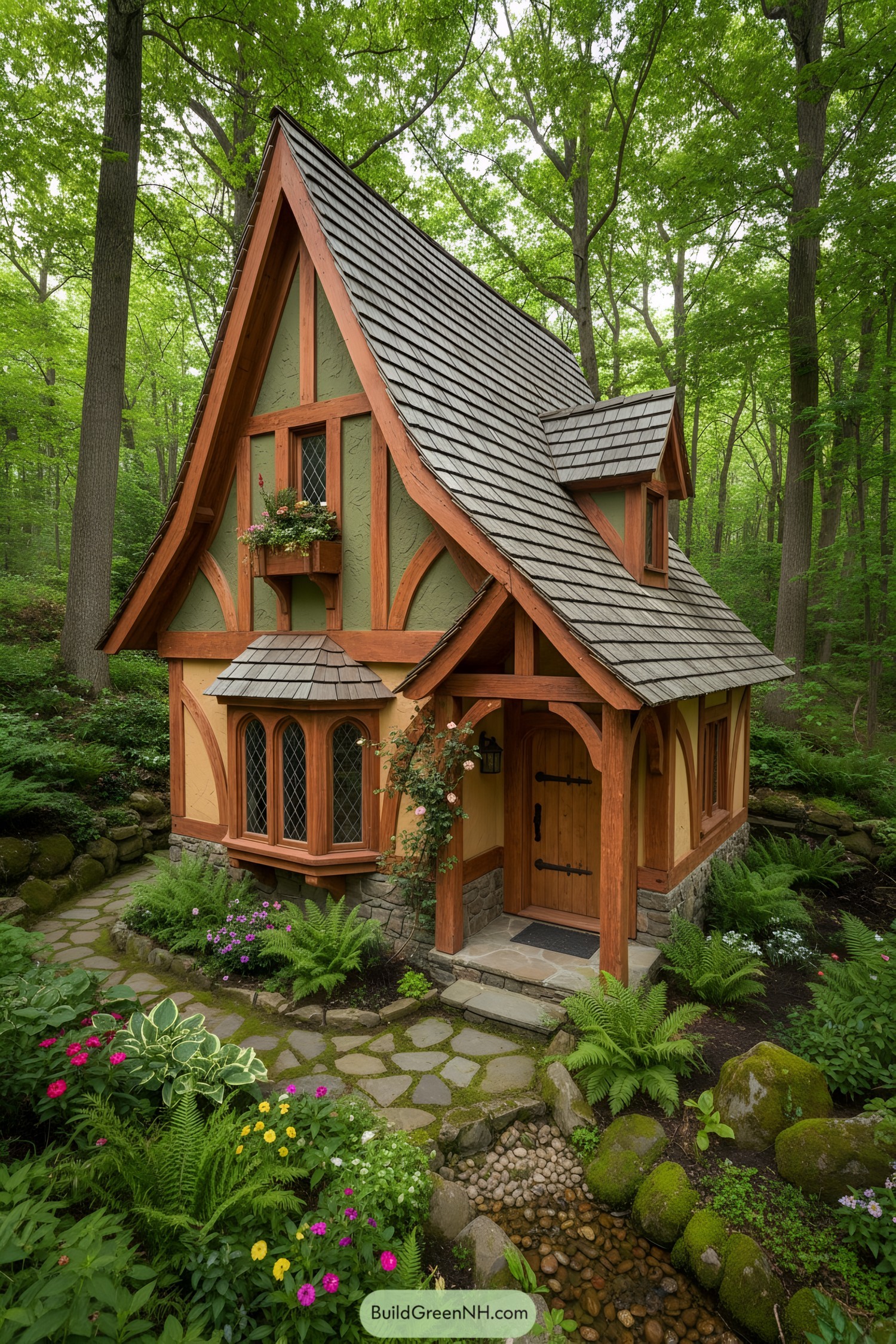 Storybook cottage with steep gables in forest