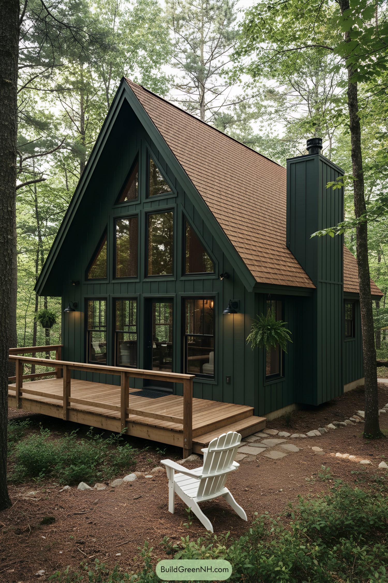 Forest green A-frame cabin with cedar roof
