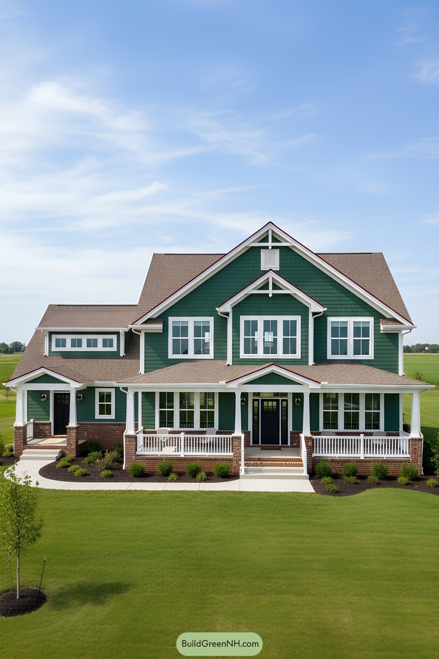 Forest-green gabled house with white trim and wraparound porch