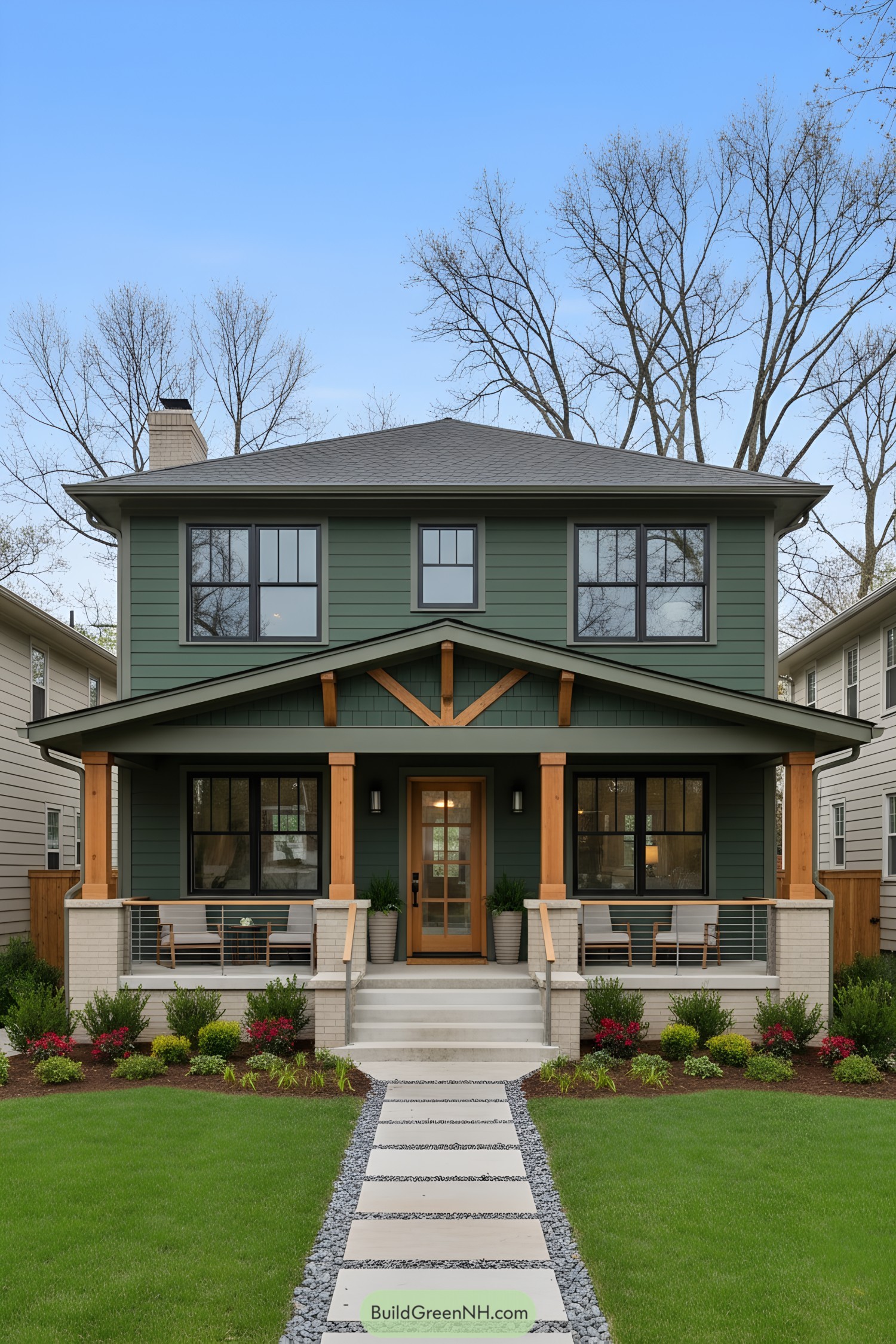 Two-story forest-green house with broad porch and timber accents