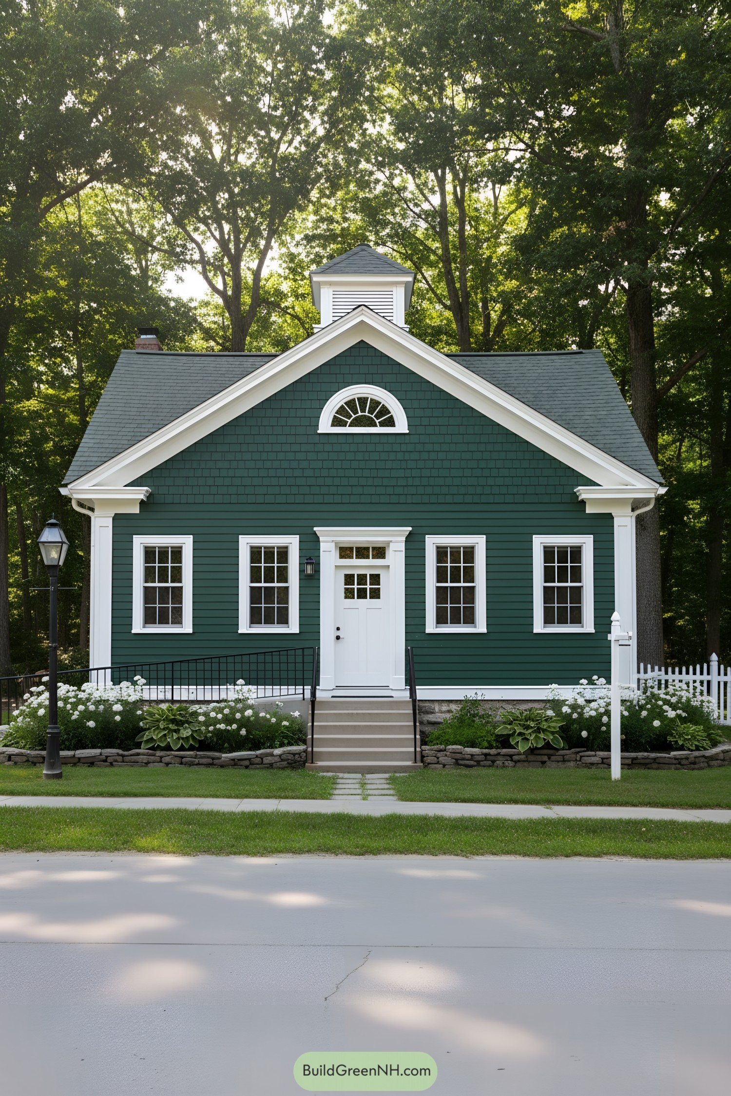 Forest-green cottage with white trim, cupola, and gable