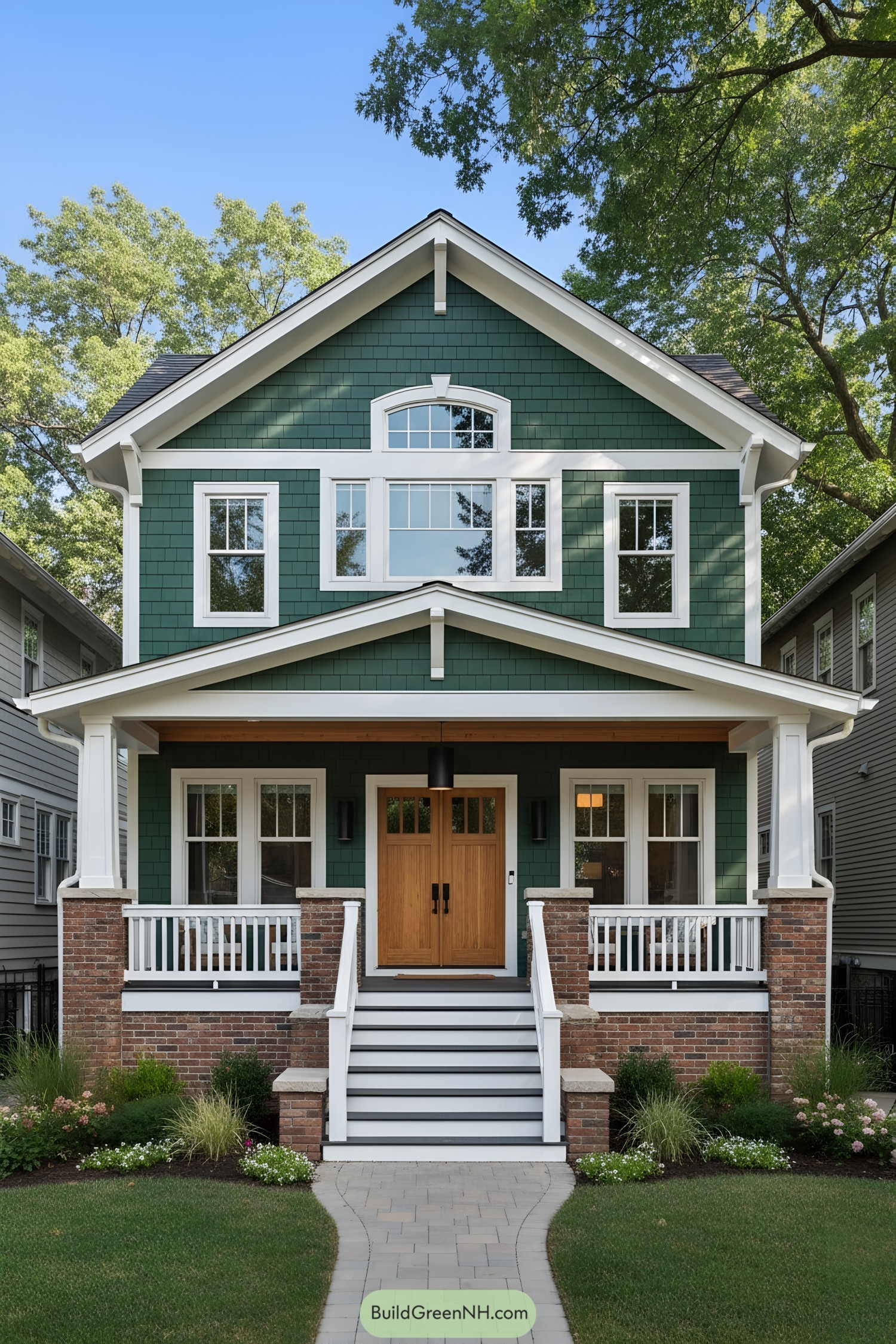 Forest-green shingle house with white trim and a warm wood double door on a brick porch