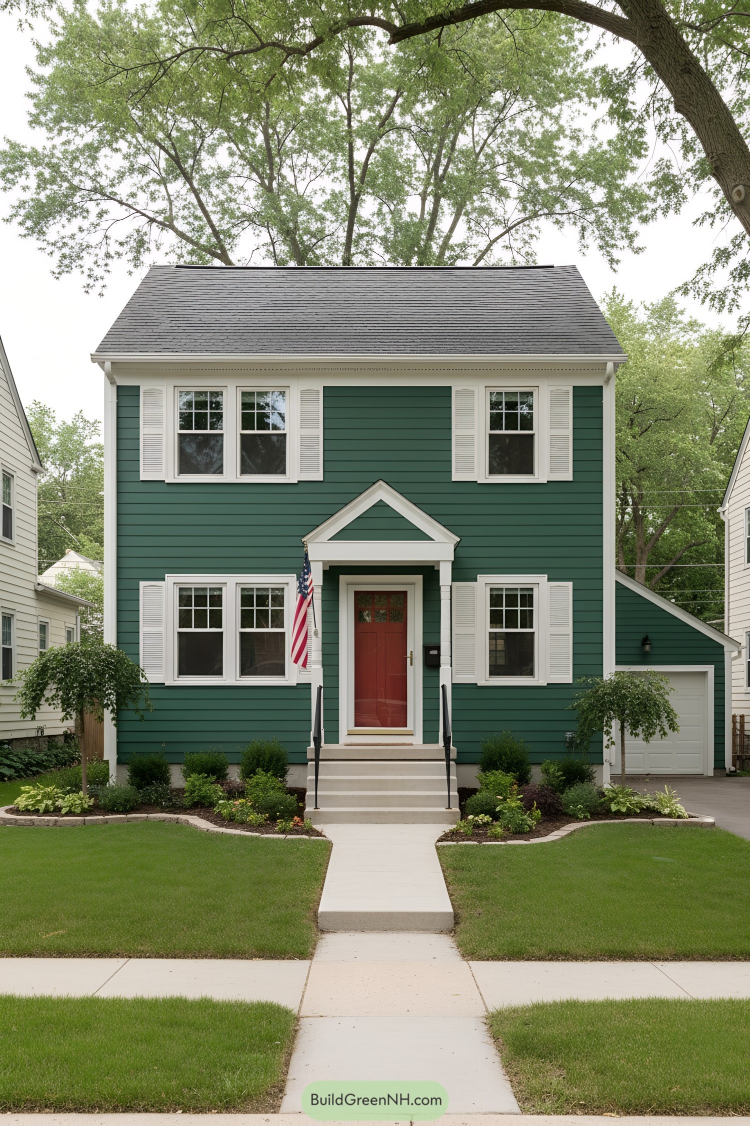 Forest green two-story home with red door