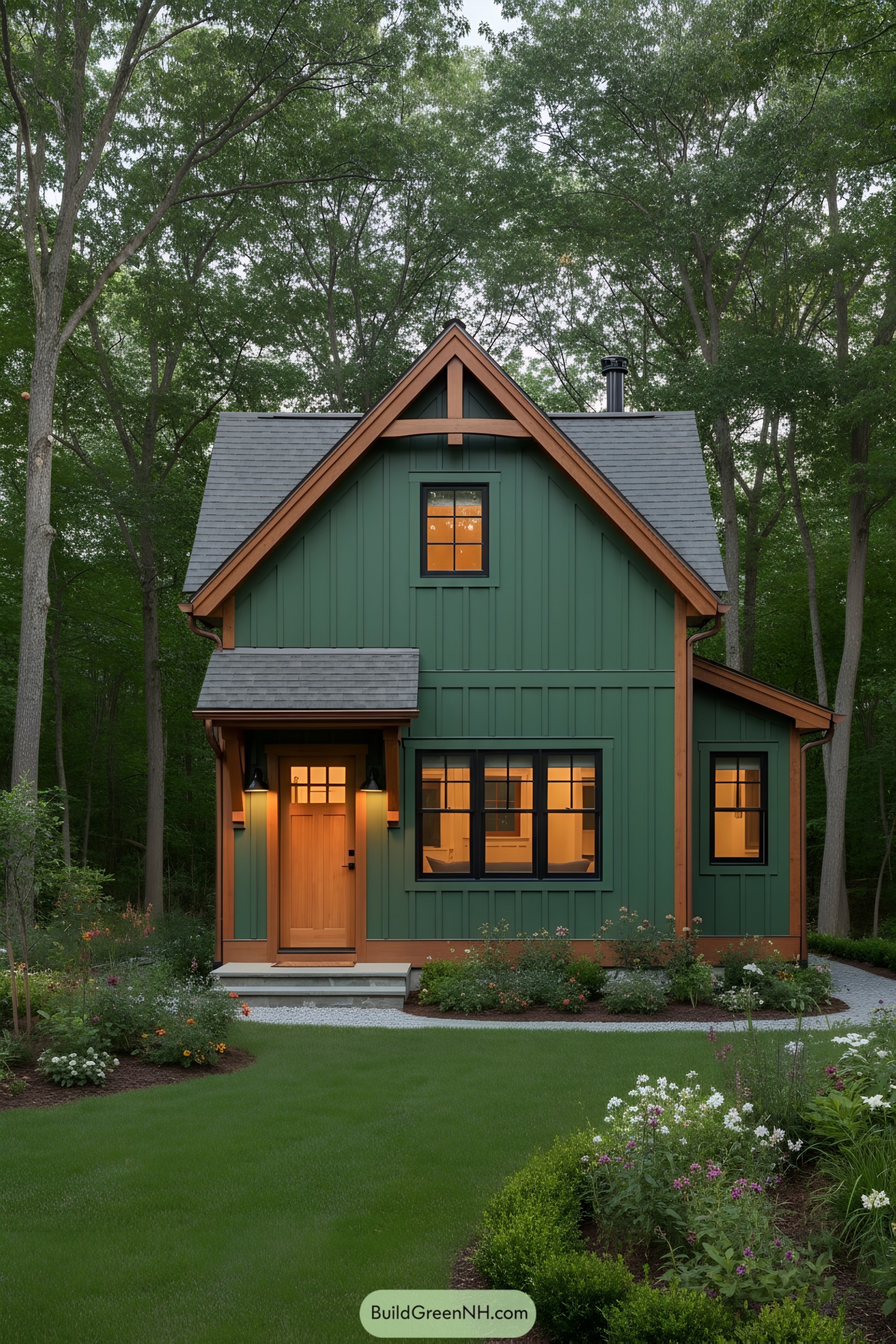 Cozy green cottage with timber accents and black windows