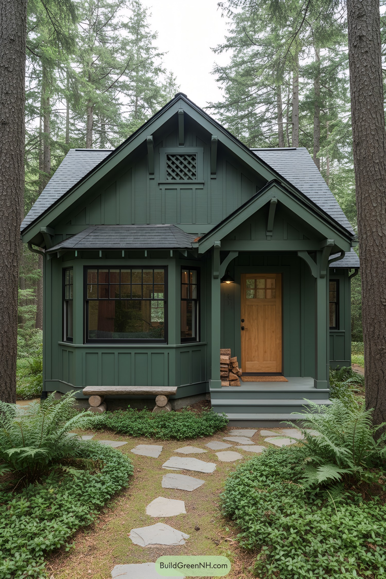 Small forest-green cottage with wood door and bay window