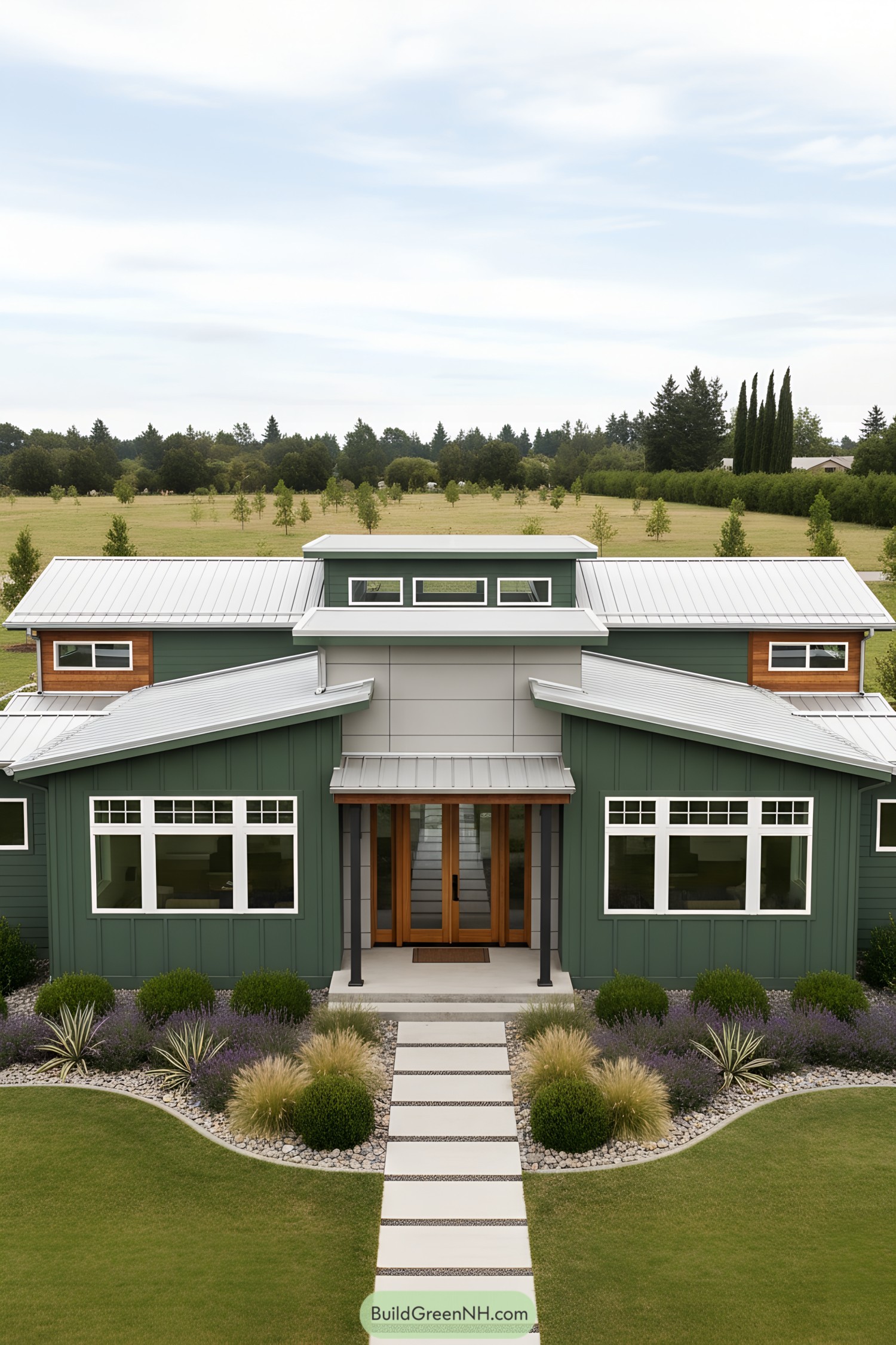 Forest-green contemporary house with metal roofs