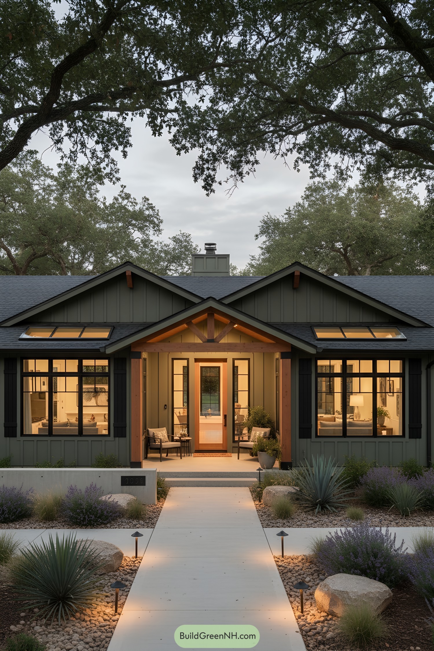 Forest-green cottage with warm lit porch