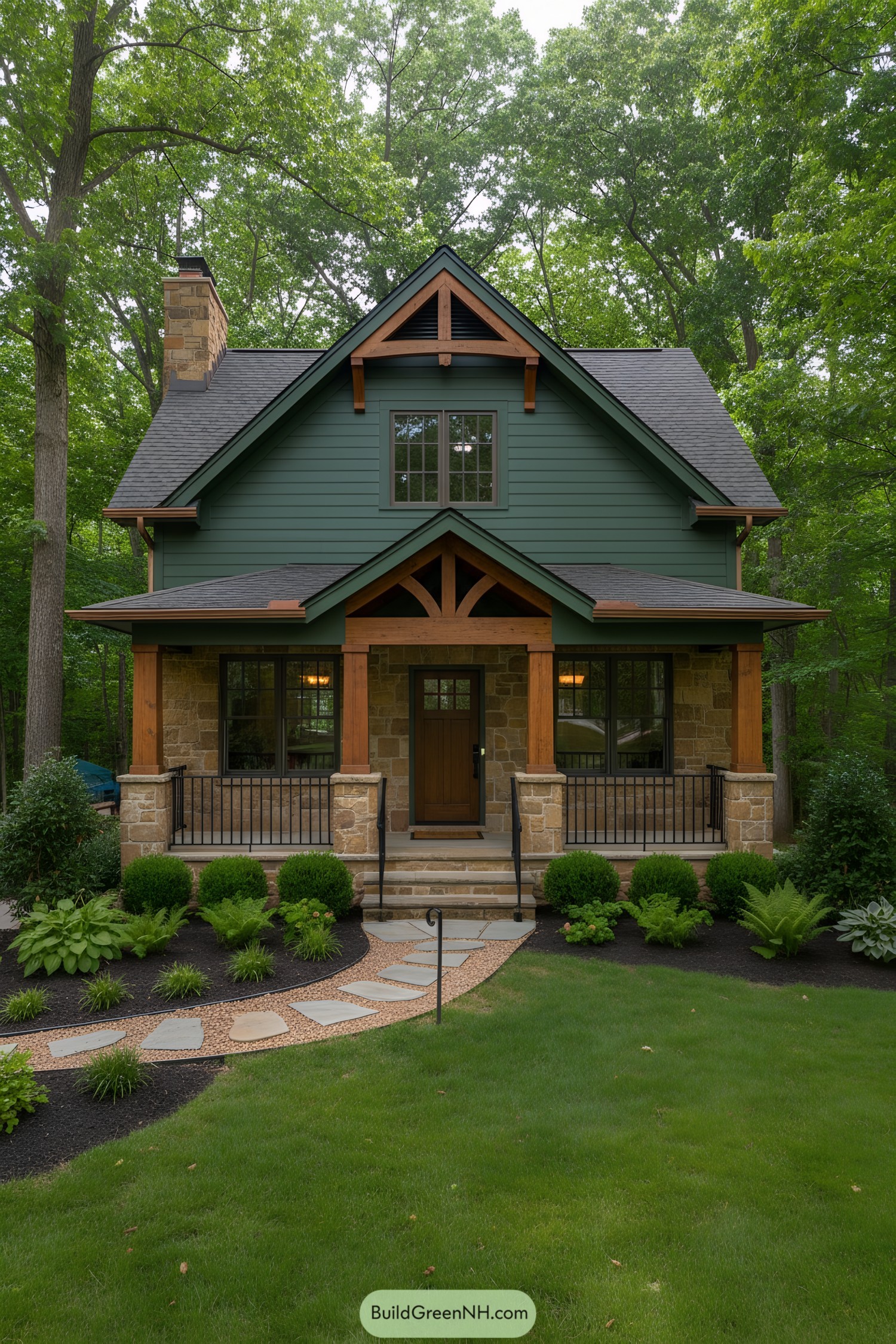 Forest-green clapboard house with timber porch and stone base