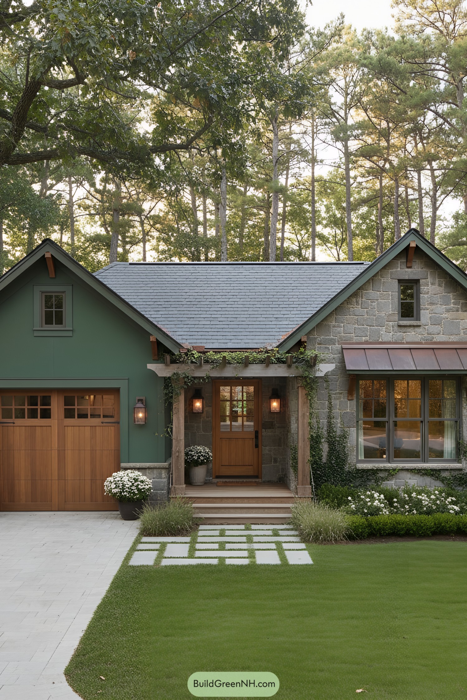 Forest-green cottage with stone facade, wood accents, and vine-draped entry