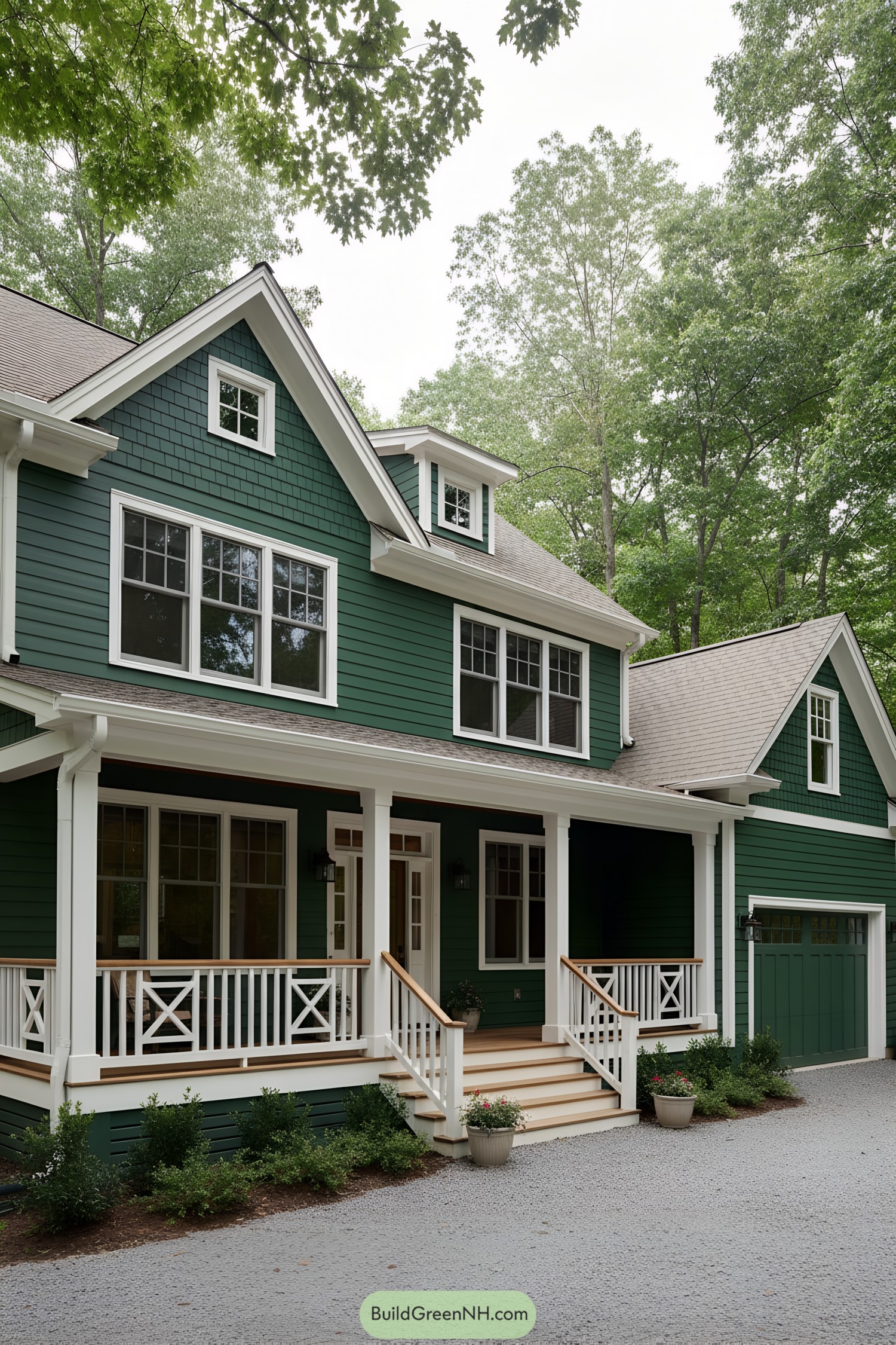 Forest-green gabled house with white trim and wraparound porch