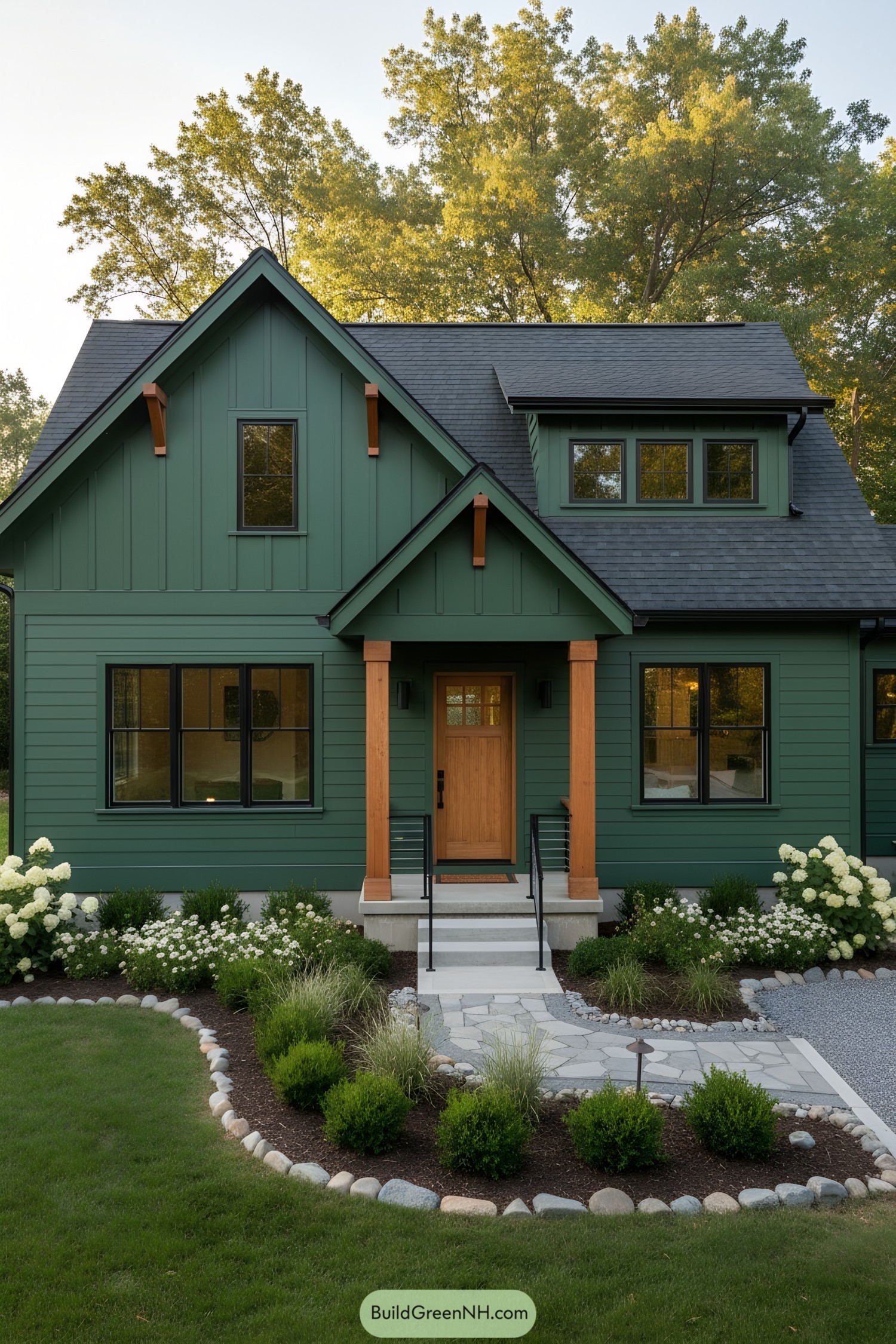 Forest-green house with wood columns and black windows