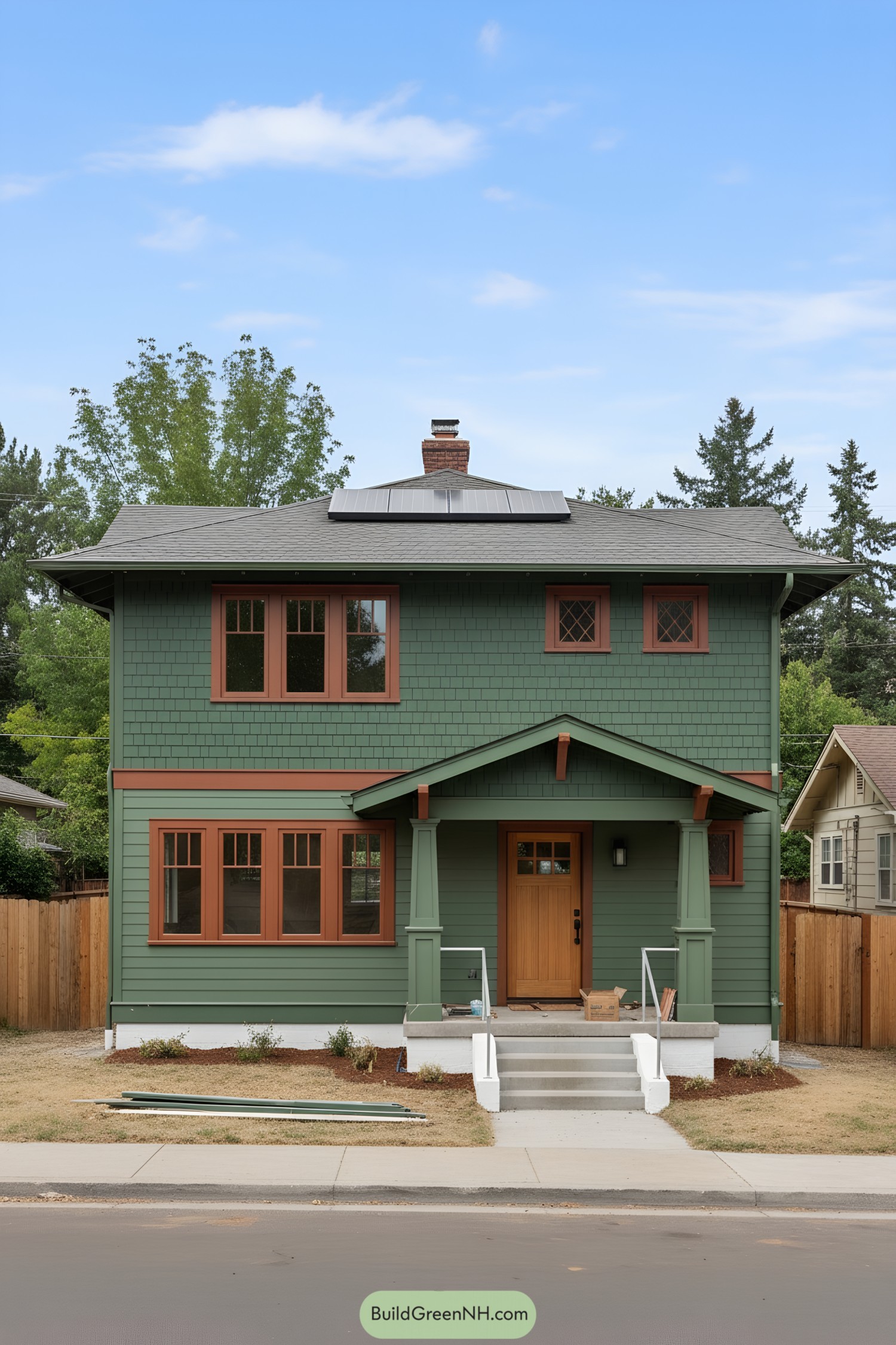 Forest-green two-story house with solar panels and a gabled porch