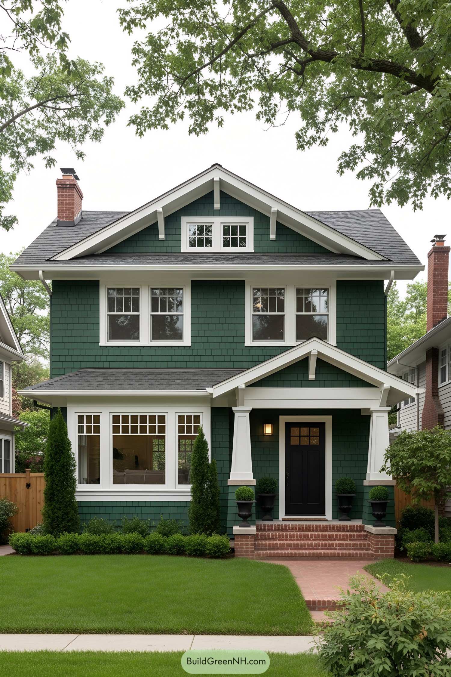 Forest-green shingle Craftsman home with white trim, black door, and brick steps