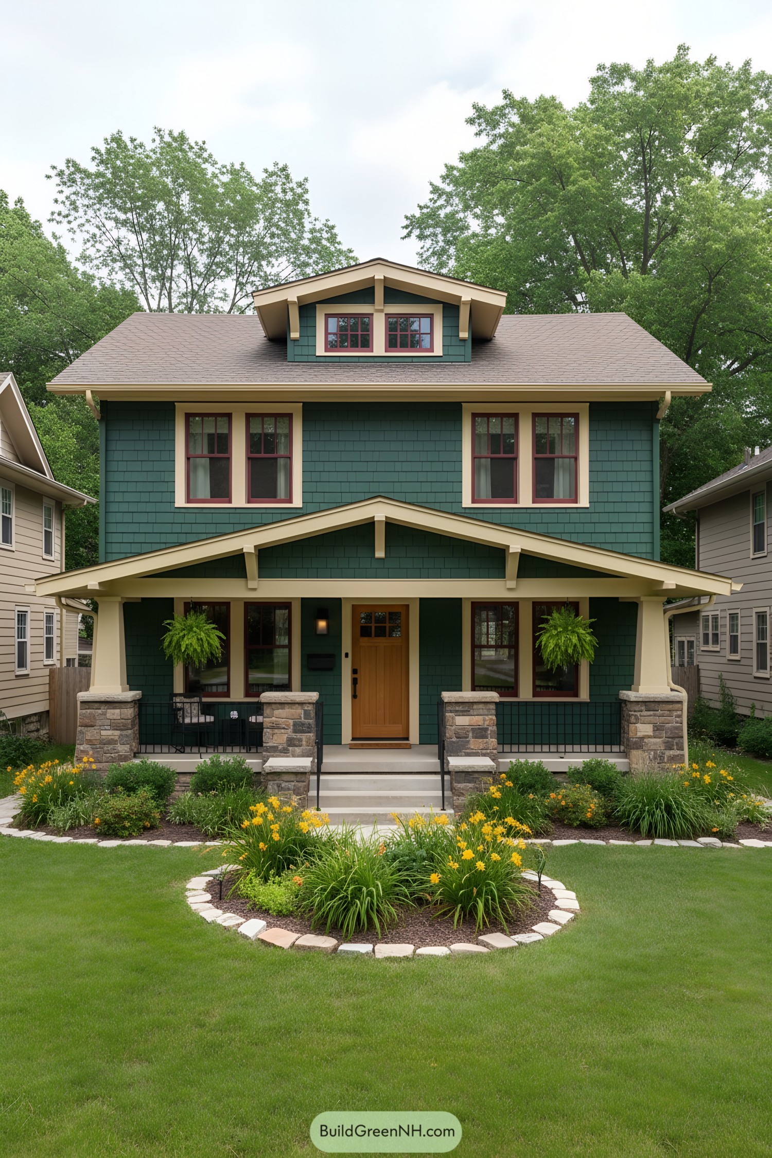 Forest-green Craftsman house with wide porch, gable roof, stone piers, and cream trim