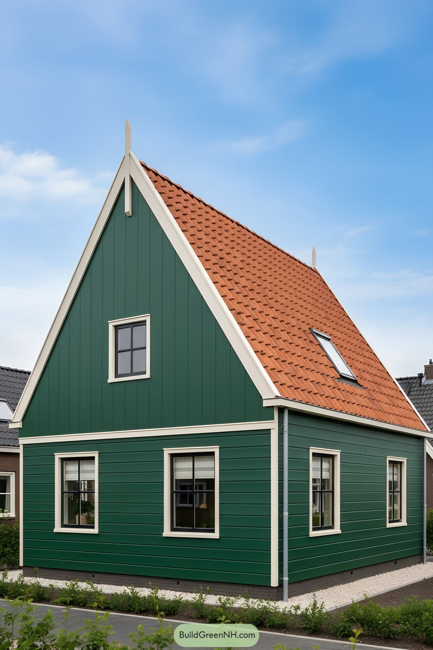 Forest green cottage with steep terracotta roof