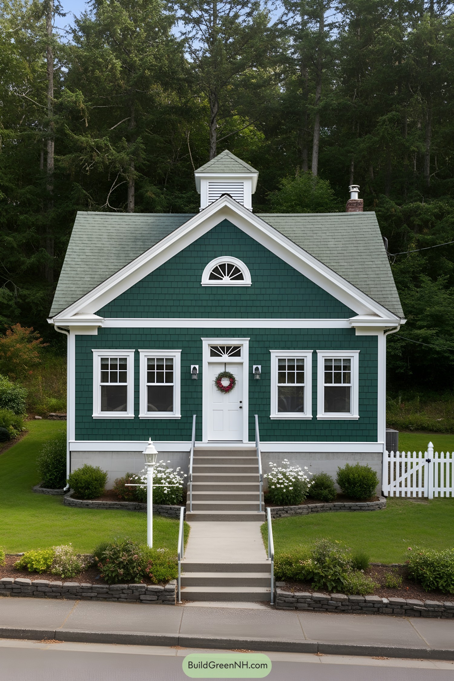 Forest green shingle cottage with white trim, central steps, and cupola