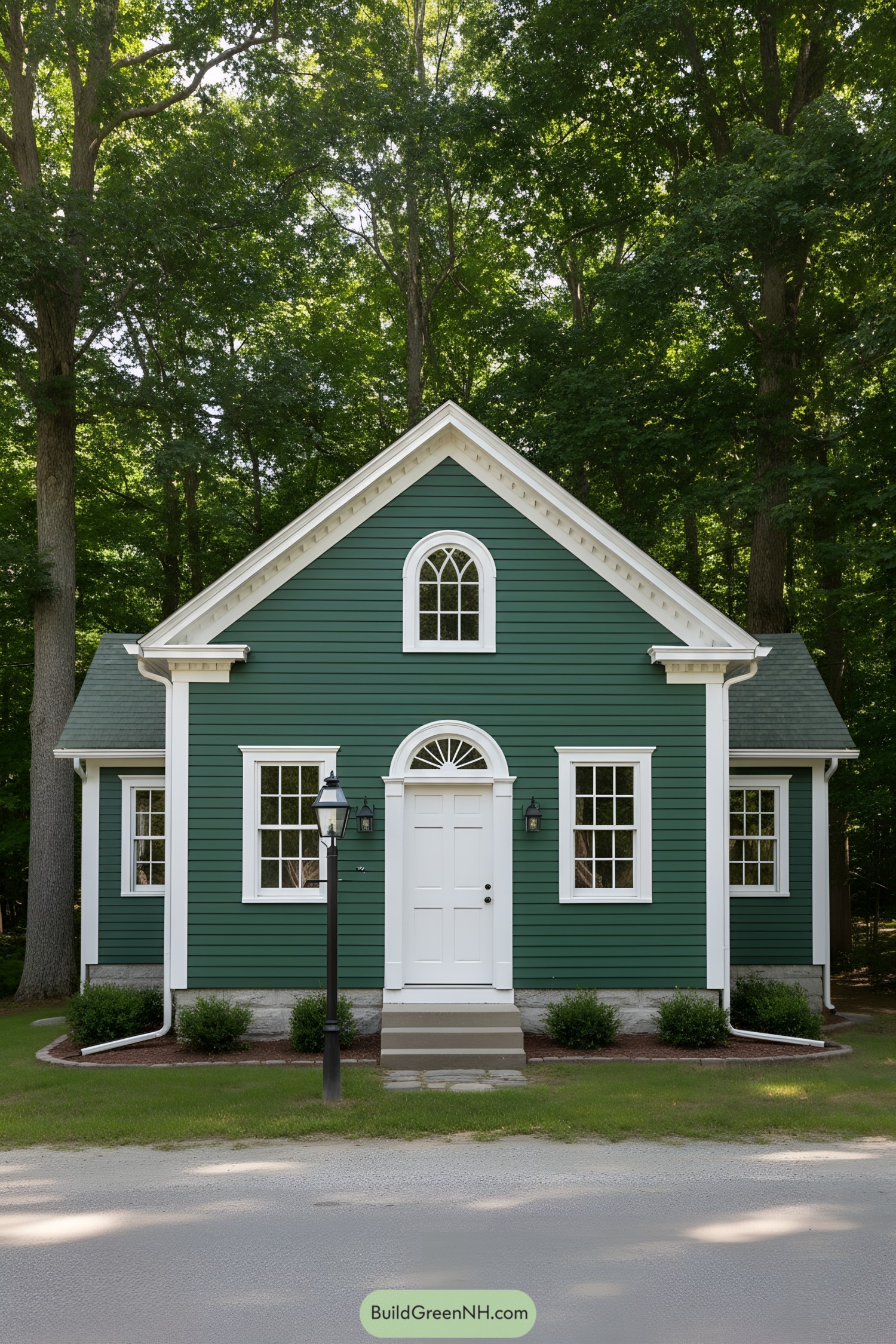 Forest green clapboard cottage with white trim