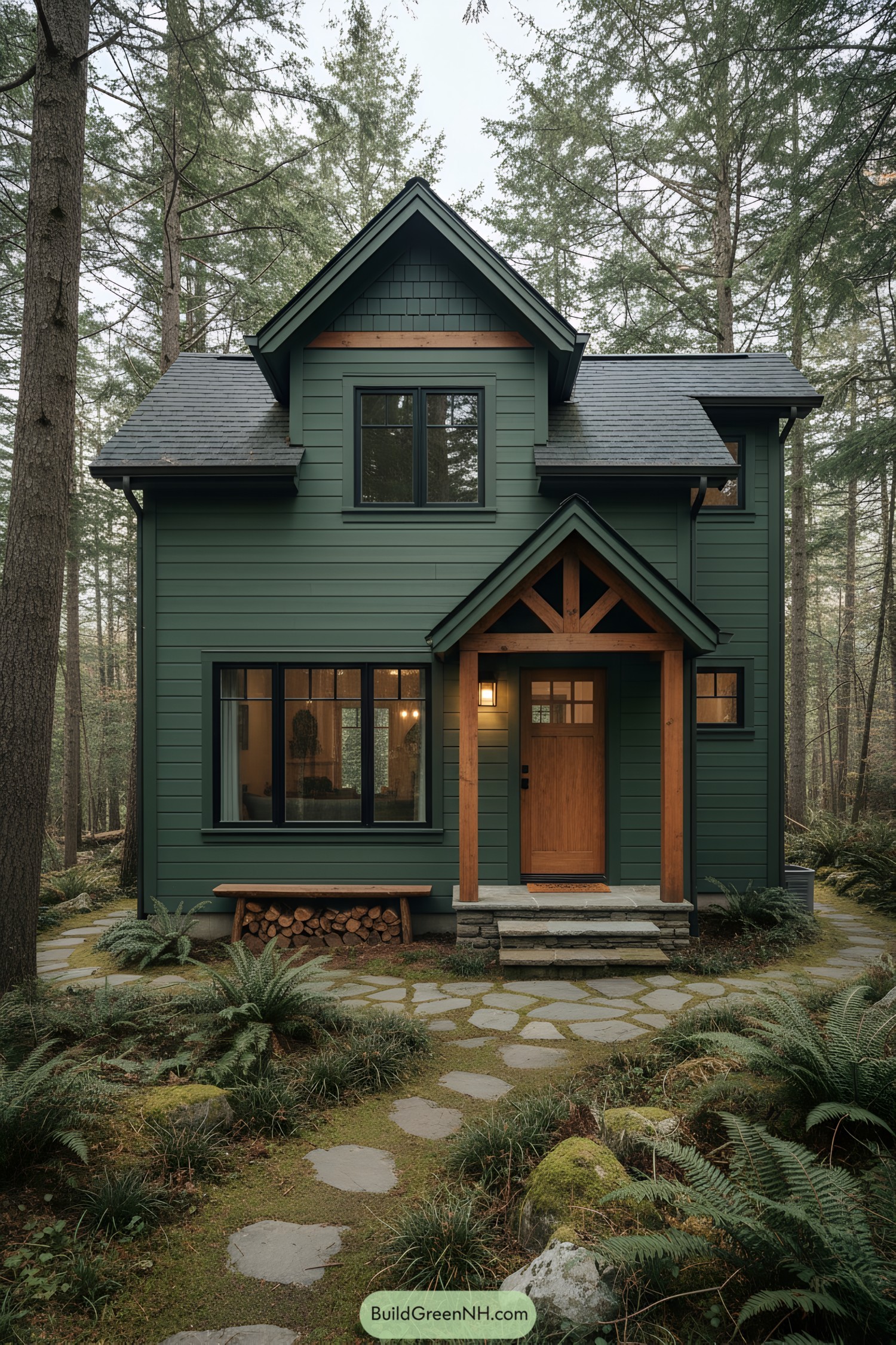 Forest-green gabled cottage with timber porch and stone path